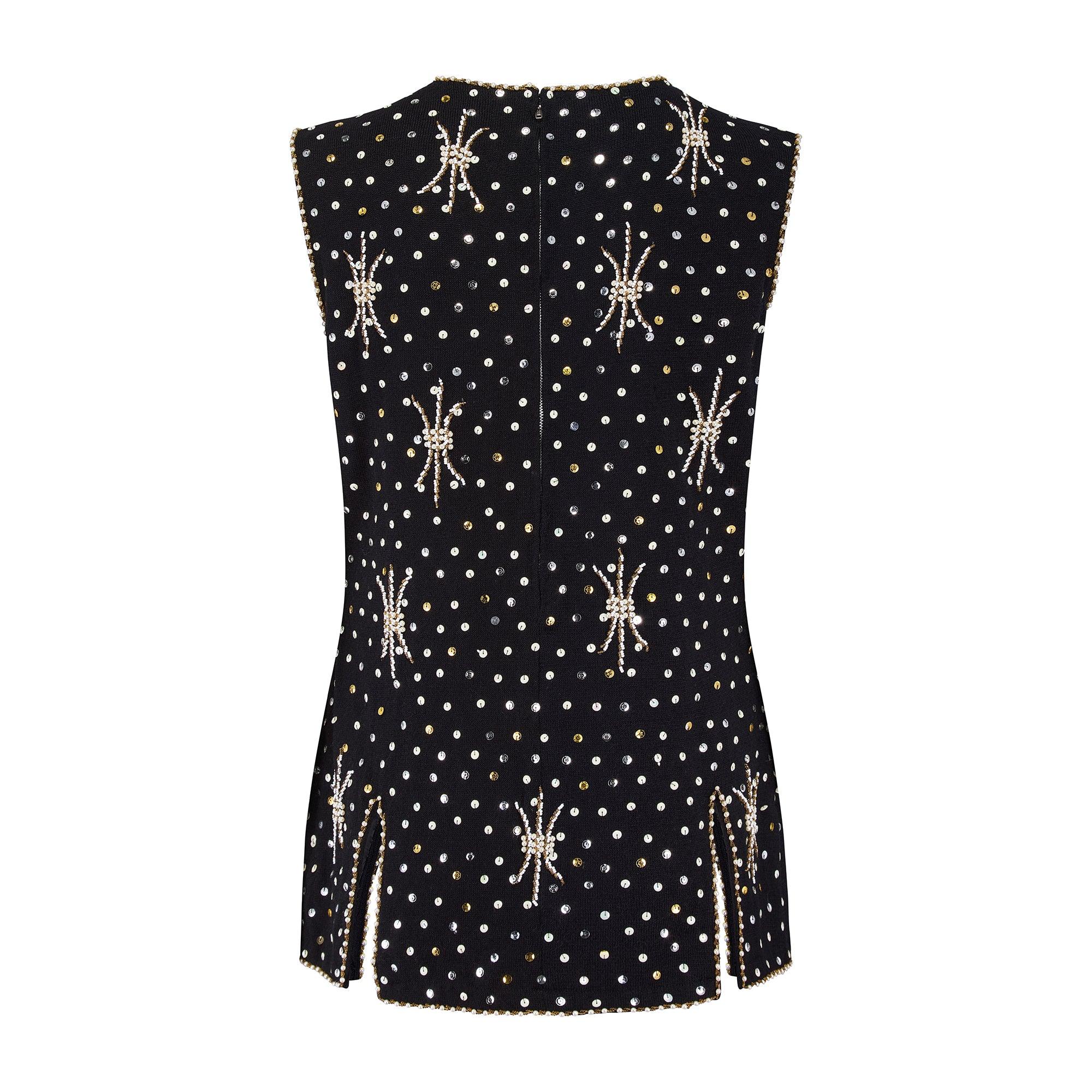 Nero Franpear 1960 - Top a tunica in lana nera con perline e paillettes in vendita
