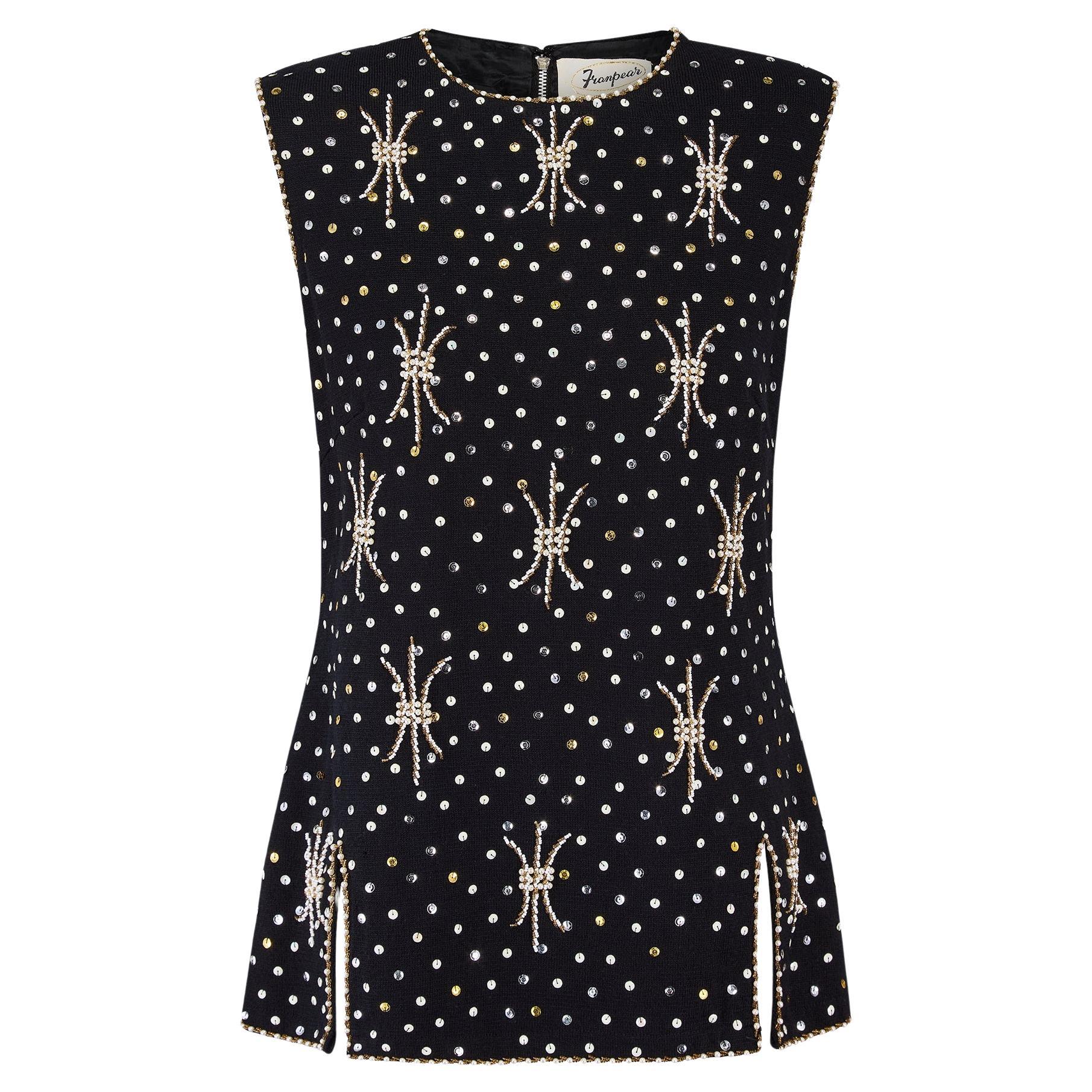 Franpear 1960 - Top a tunica in lana nera con perline e paillettes in vendita