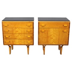 1960s František Mezulaník Mid-Century Maple Nightstands with Black Glass Tops
