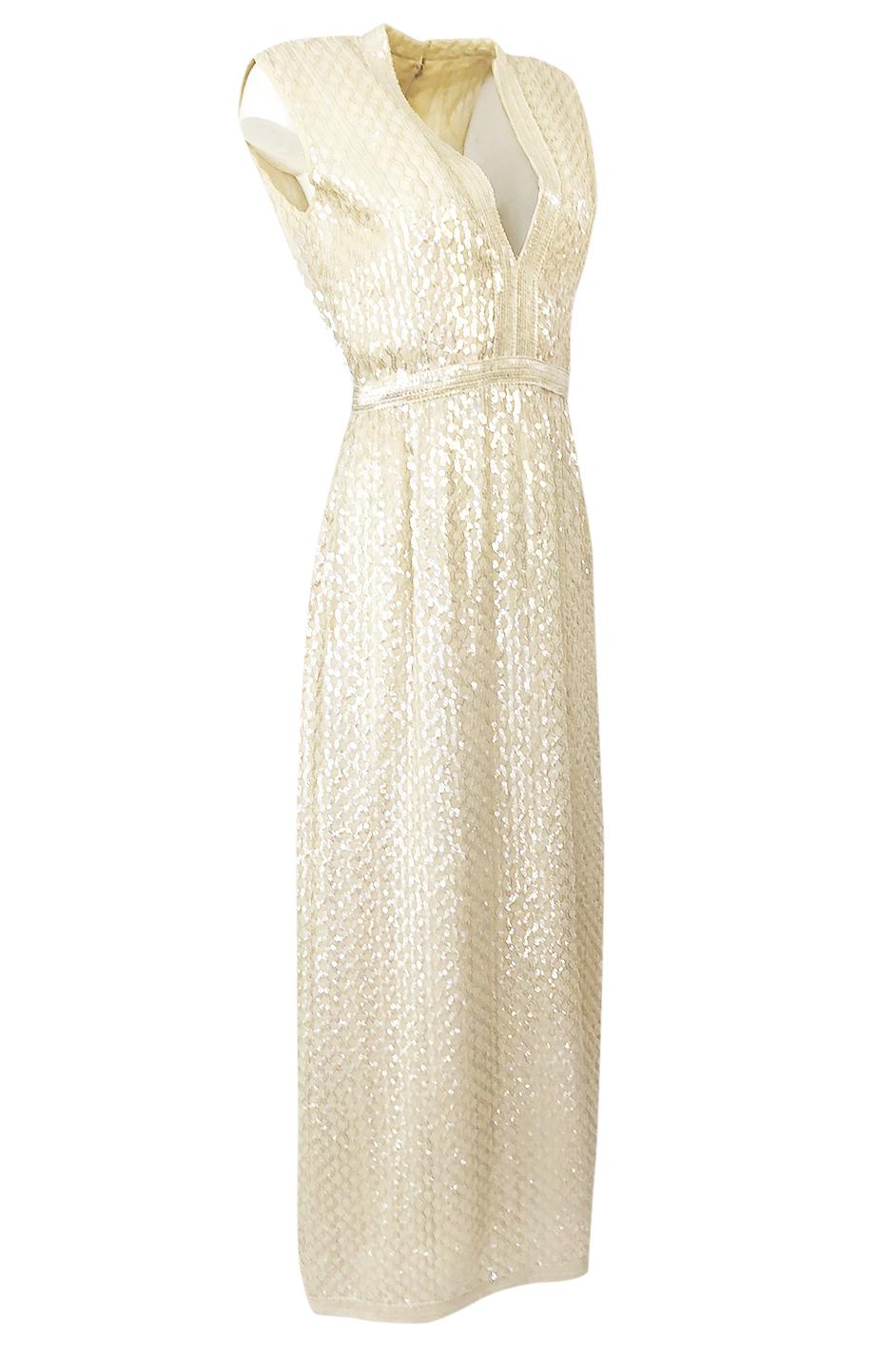 Beige 1960s Fred Perlberg Long Ivory Fully Sequinned Plunge Dress