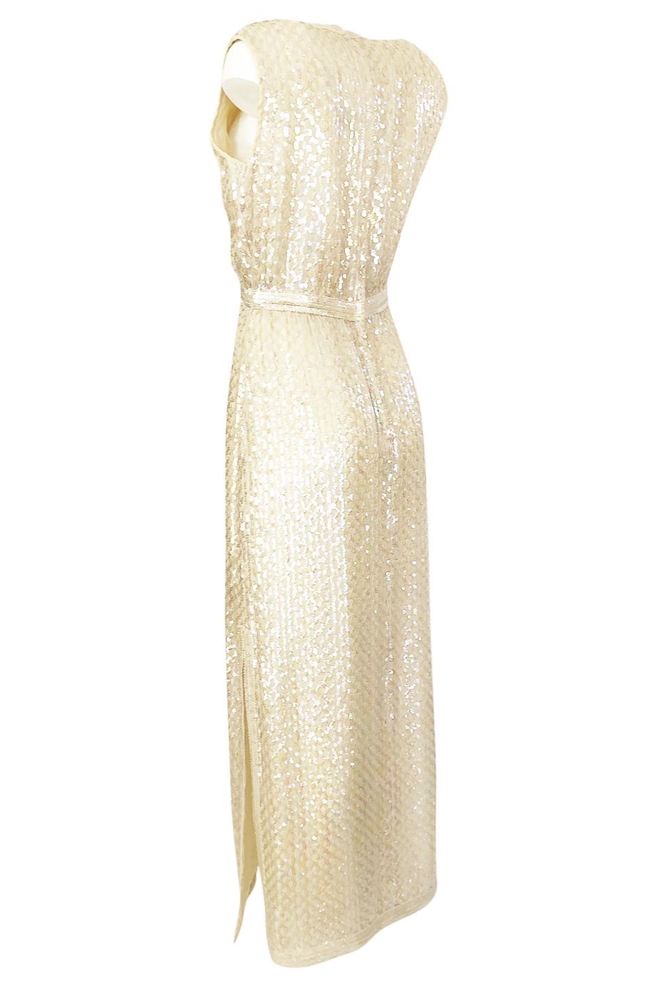 Women's 1960s Fred Perlberg Long Ivory Fully Sequinned Plunge Dress