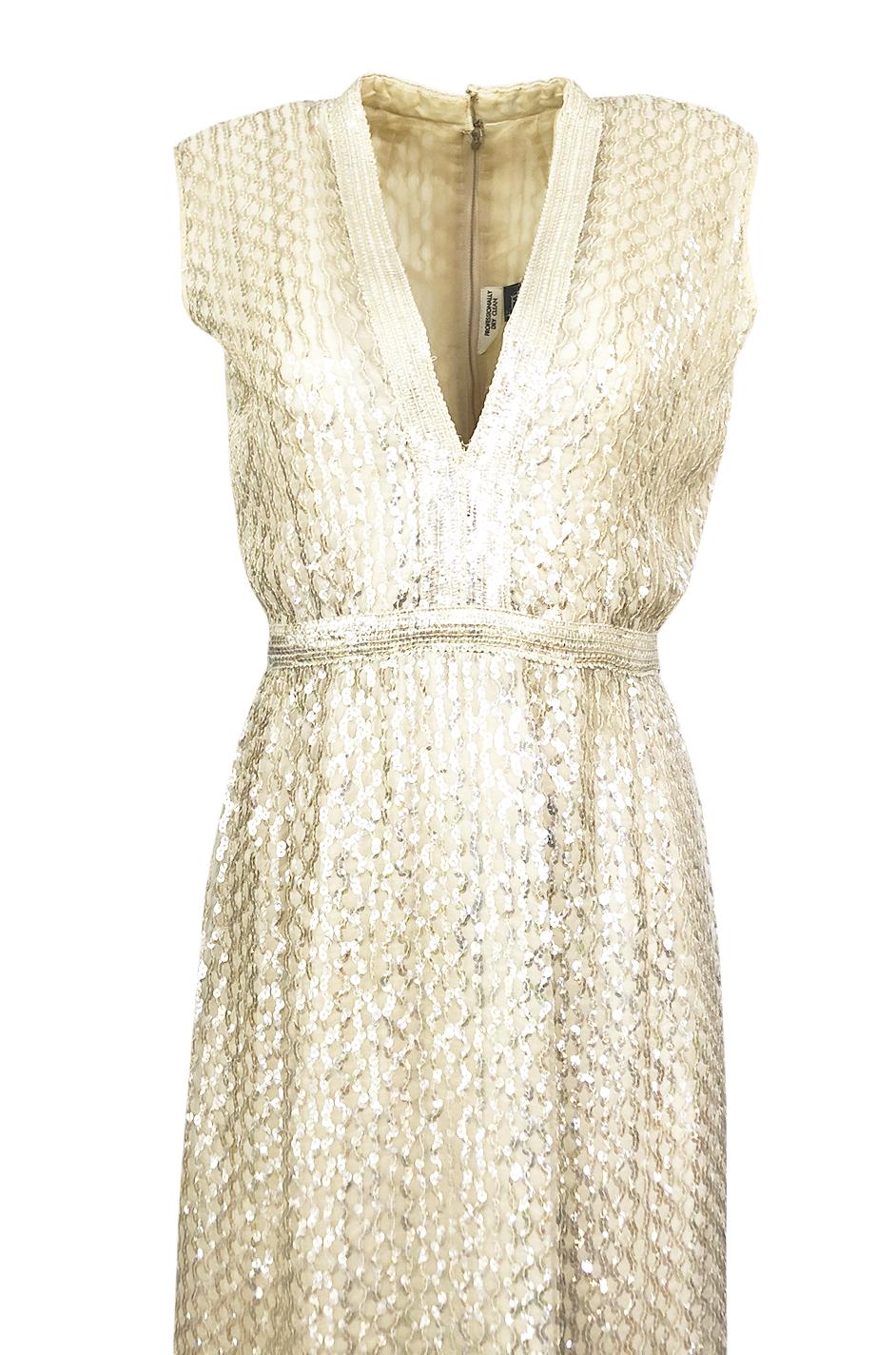 1960s Fred Perlberg Long Ivory Fully Sequinned Plunge Dress 1