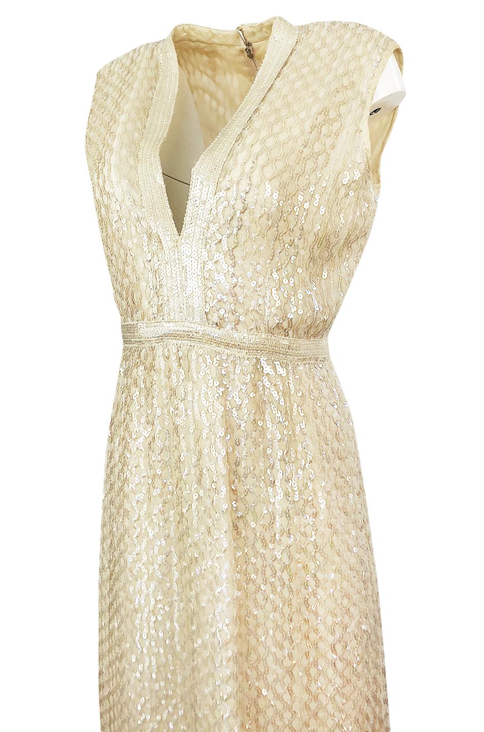 1960s Fred Perlberg Long Ivory Fully Sequinned Plunge Dress 2