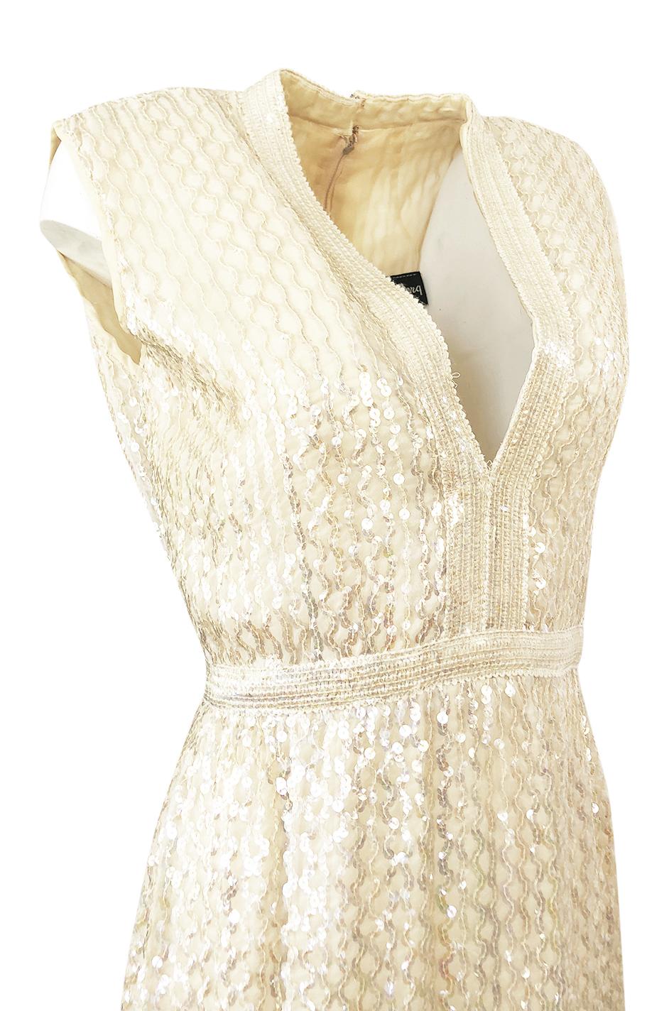 1960s Fred Perlberg Long Ivory Fully Sequinned Plunge Dress 3