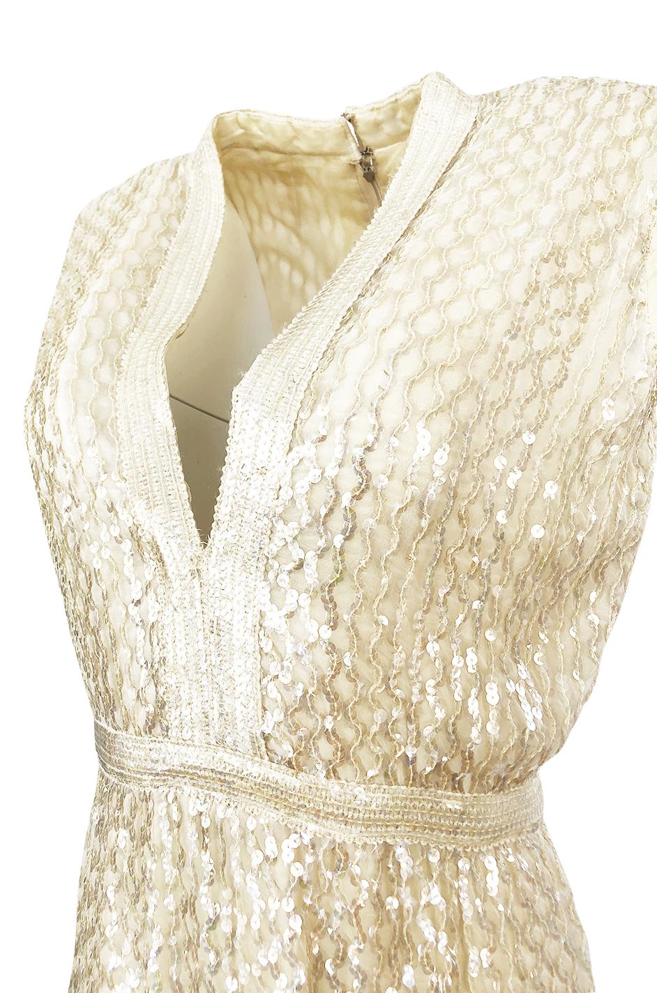 1960s Fred Perlberg Long Ivory Fully Sequinned Plunge Dress 4