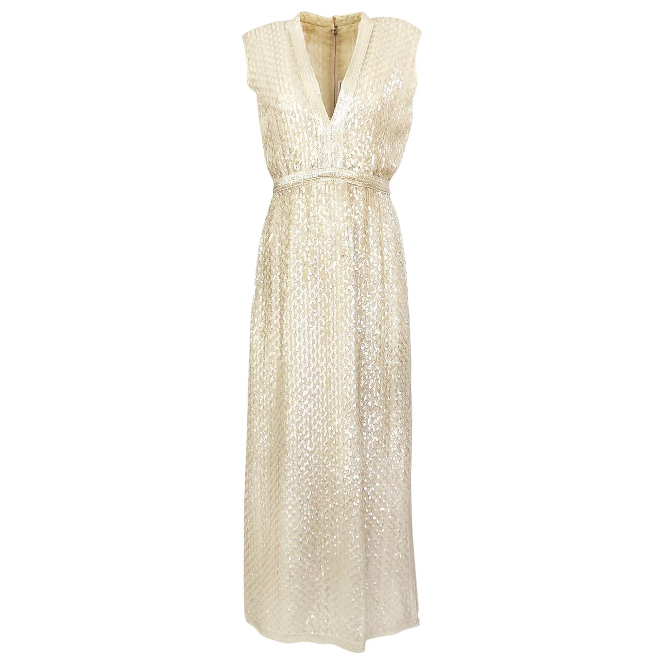 1960s Fred Perlberg Long Ivory Fully Sequinned Plunge Dress