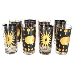 1960s Fred Press Eclipse Sunburst Glasses, Black, 22k Gold, Set of 8