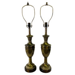 Vintage 1960s Frederick Cooper Brass & Mahogany Base Table Lamps, Pair