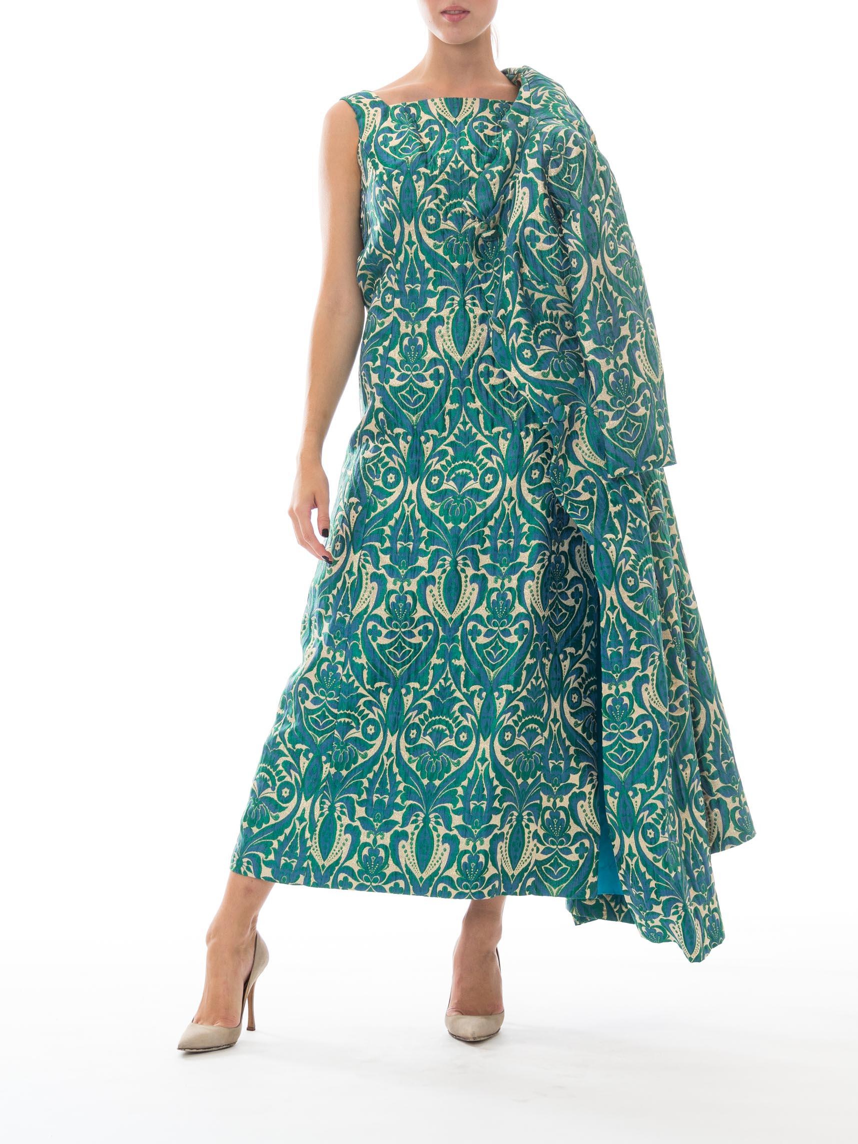 1960S Blue & Green Gold Lamé Rayon/Lurex Brocade Gown With Matching Evening Coat In Excellent Condition In New York, NY
