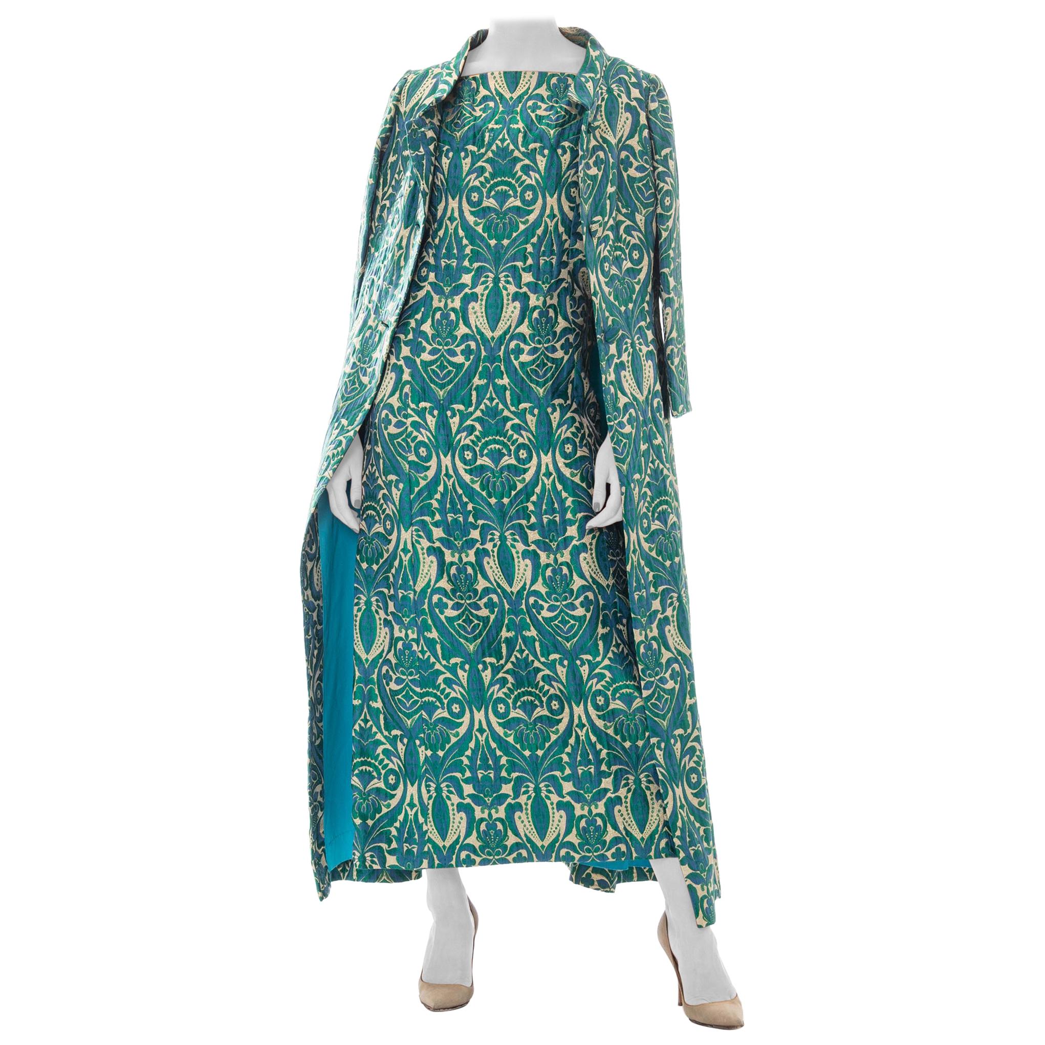 1960S Blue & Green Gold Lamé Rayon/Lurex Brocade Gown With Matching Evening Coat