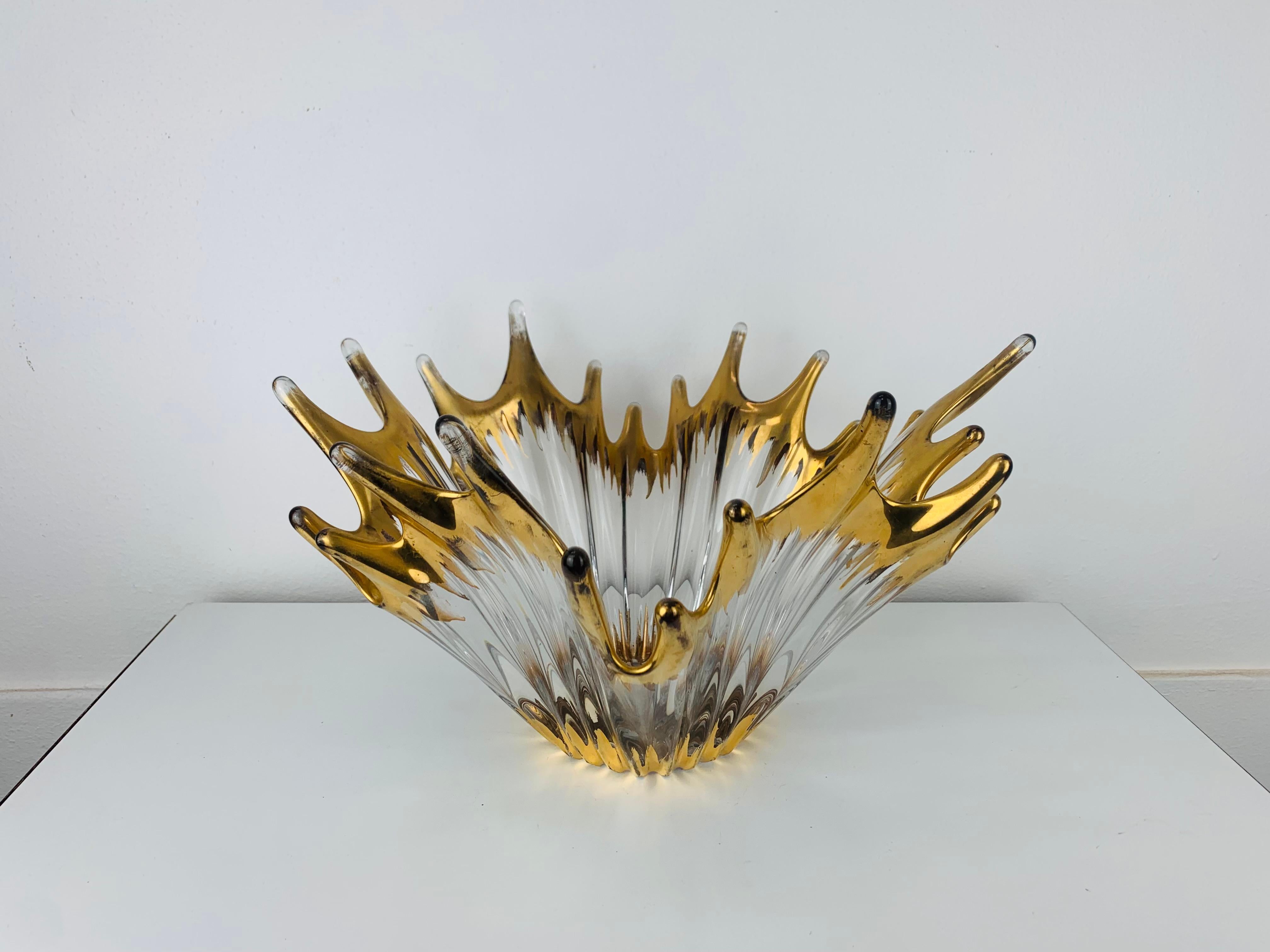 French 1960's free form golden glass bowl attributed to Cofrac Art Verrier France For Sale