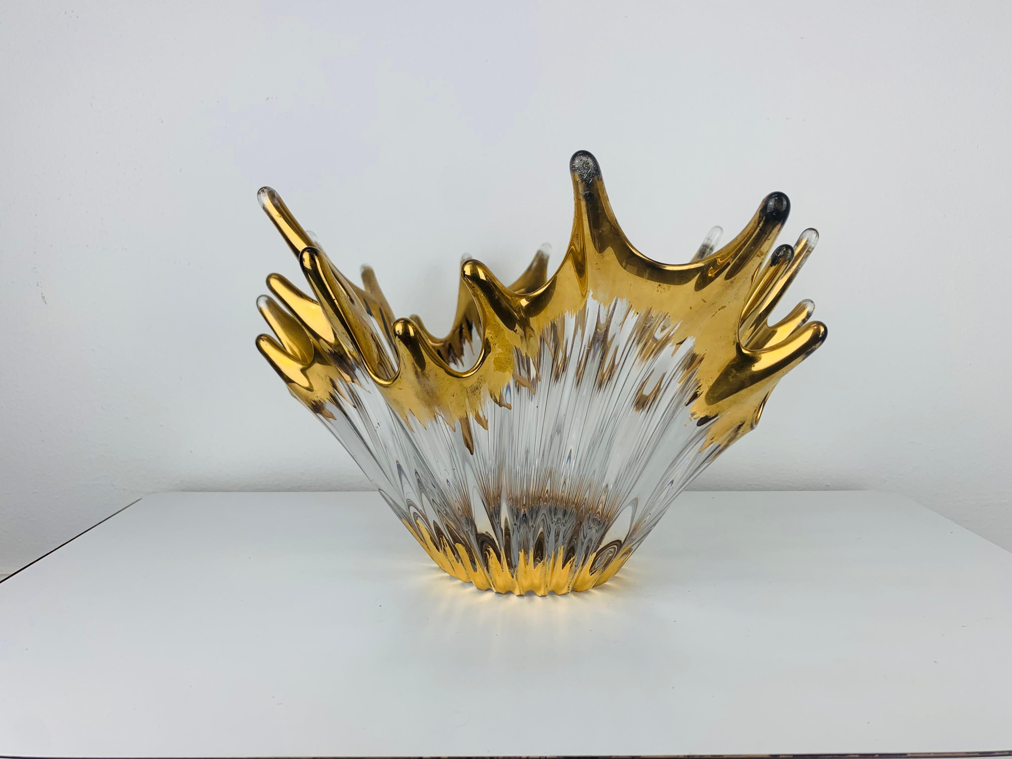 Mid-20th Century 1960's free form golden glass bowl attributed to Cofrac Art Verrier France For Sale