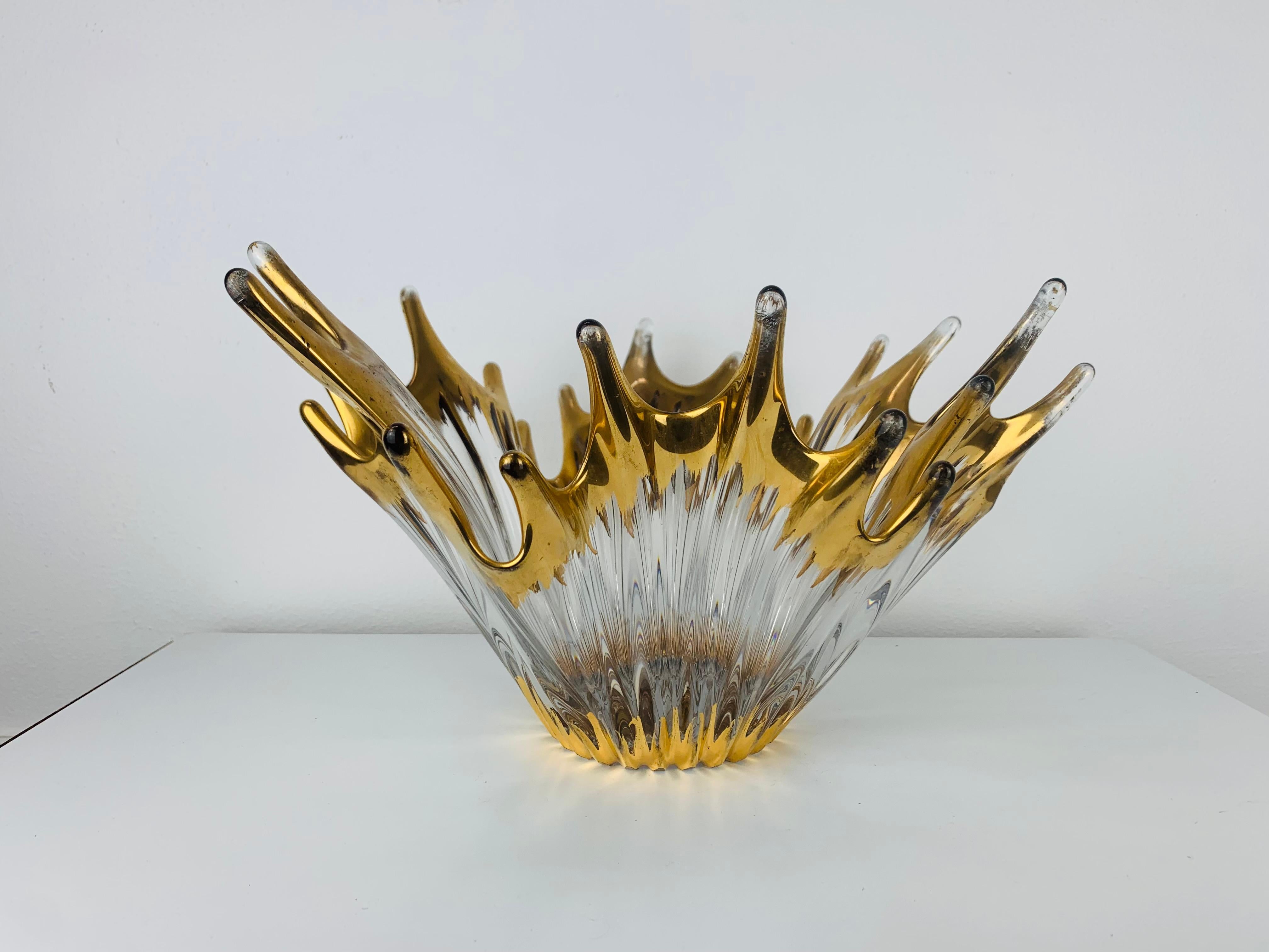 Glass 1960's free form golden glass bowl attributed to Cofrac Art Verrier France For Sale