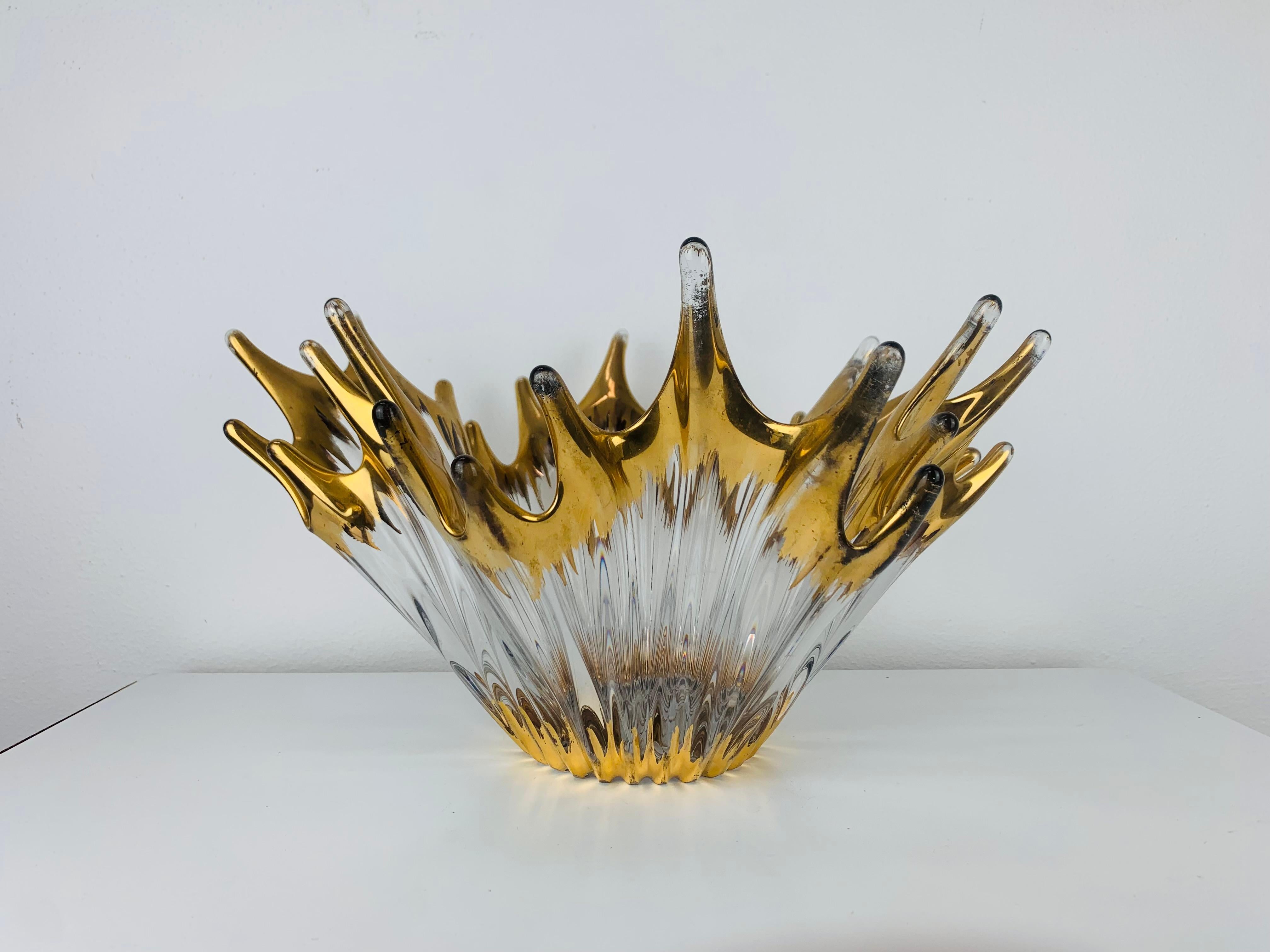 1960's free form golden glass bowl attributed to Cofrac Art Verrier France For Sale 1