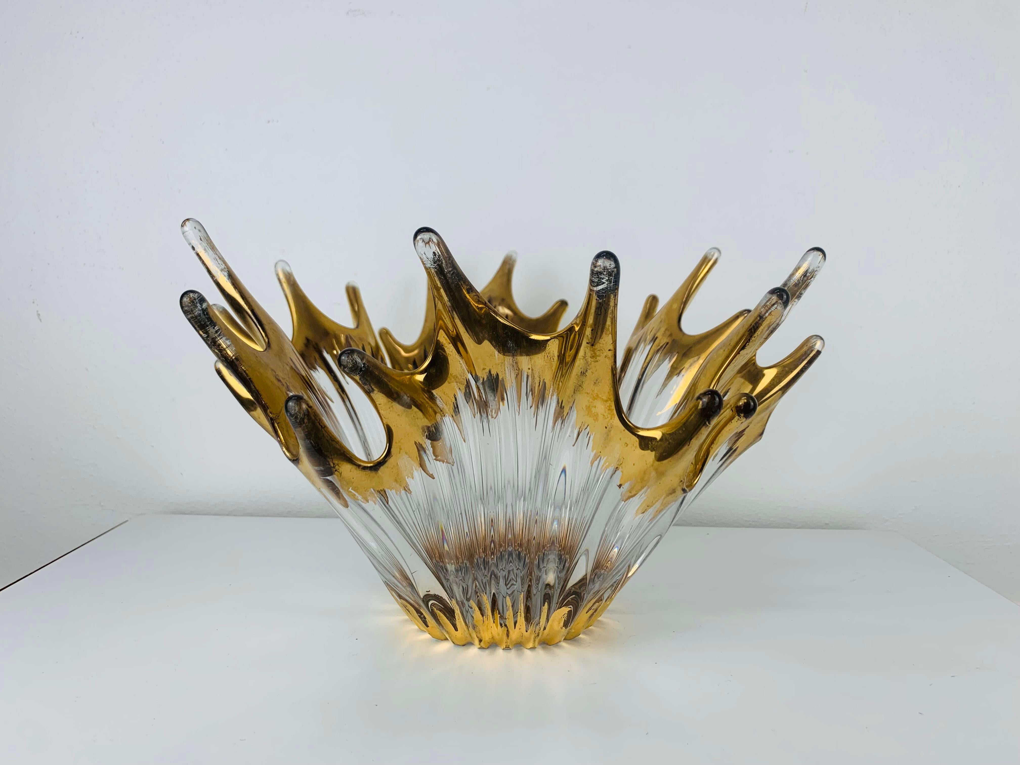 1960's free form golden glass bowl attributed to Cofrac Art Verrier France For Sale 2