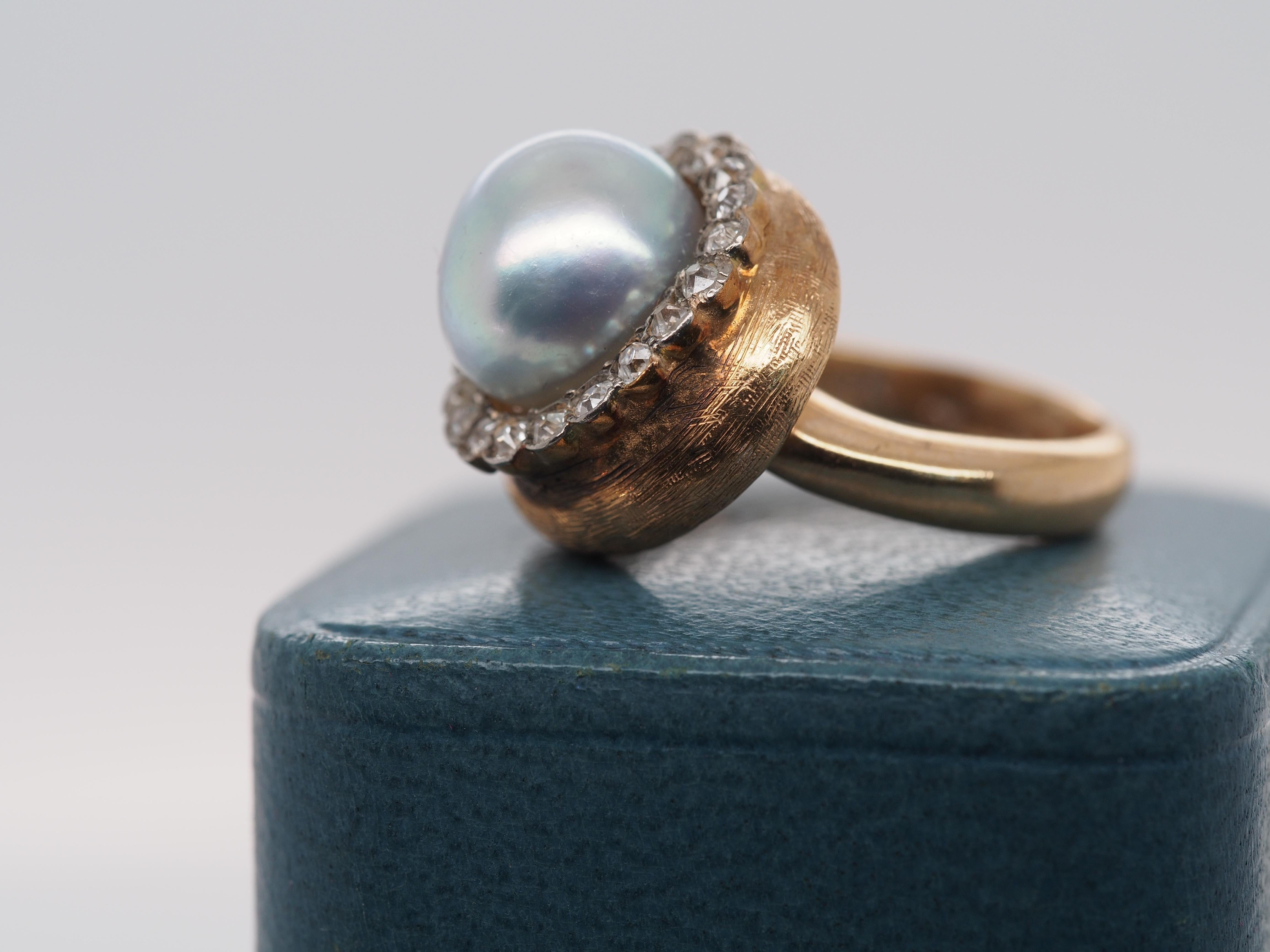 1960s Freeform Pearl and Old Mine Cut Diamond Halo Ring For Sale 1