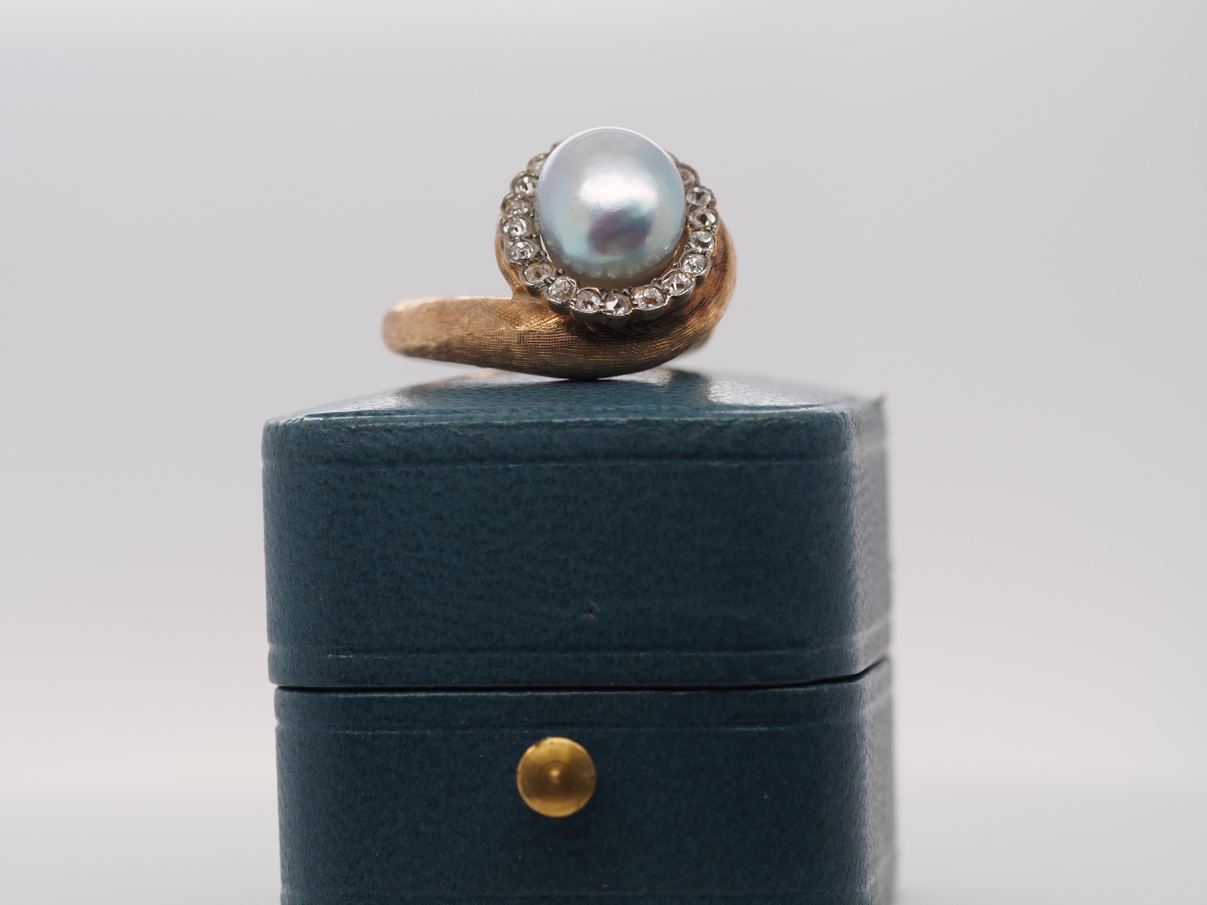 1960s Freeform Pearl and Old Mine Cut Diamond Halo Ring For Sale 2