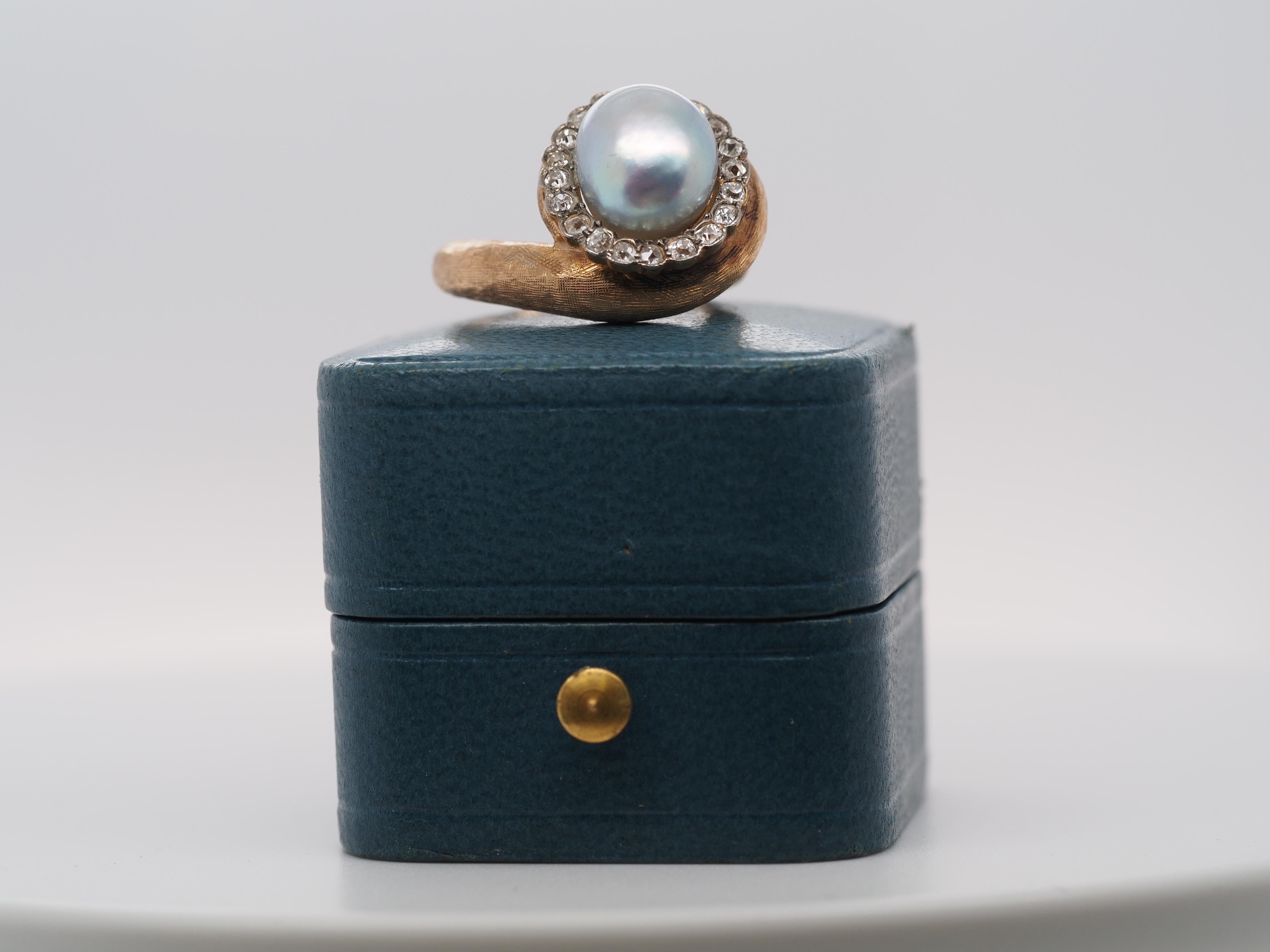 1960s Freeform Pearl and Old Mine Cut Diamond Halo Ring For Sale 3