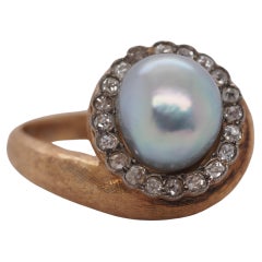 Vintage 1960s Freeform Pearl and Old Mine Cut Diamond Halo Ring