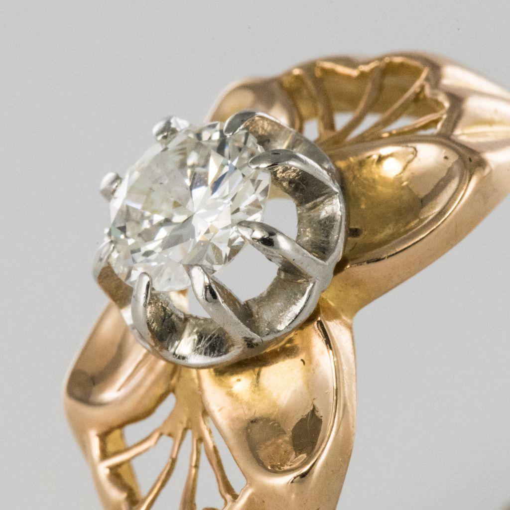 Retro 1960s French 0.83 Carat Diamond Rose Gold Ring