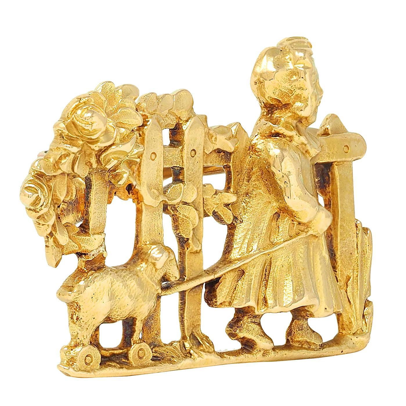1960's French 18 Karat Yellow Gold Child Pulling Toy Vintage Brooch In Excellent Condition For Sale In Philadelphia, PA