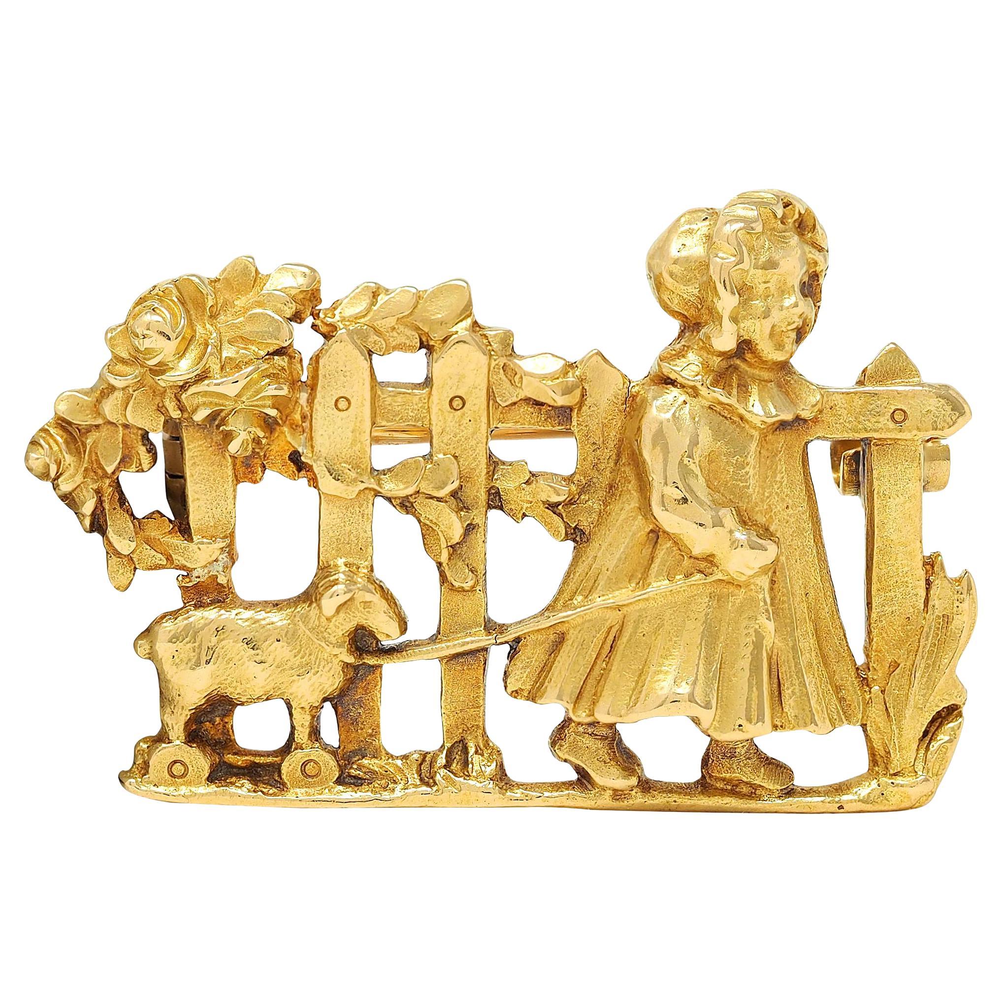 1960's French 18 Karat Yellow Gold Child Pulling Toy Vintage Brooch For Sale