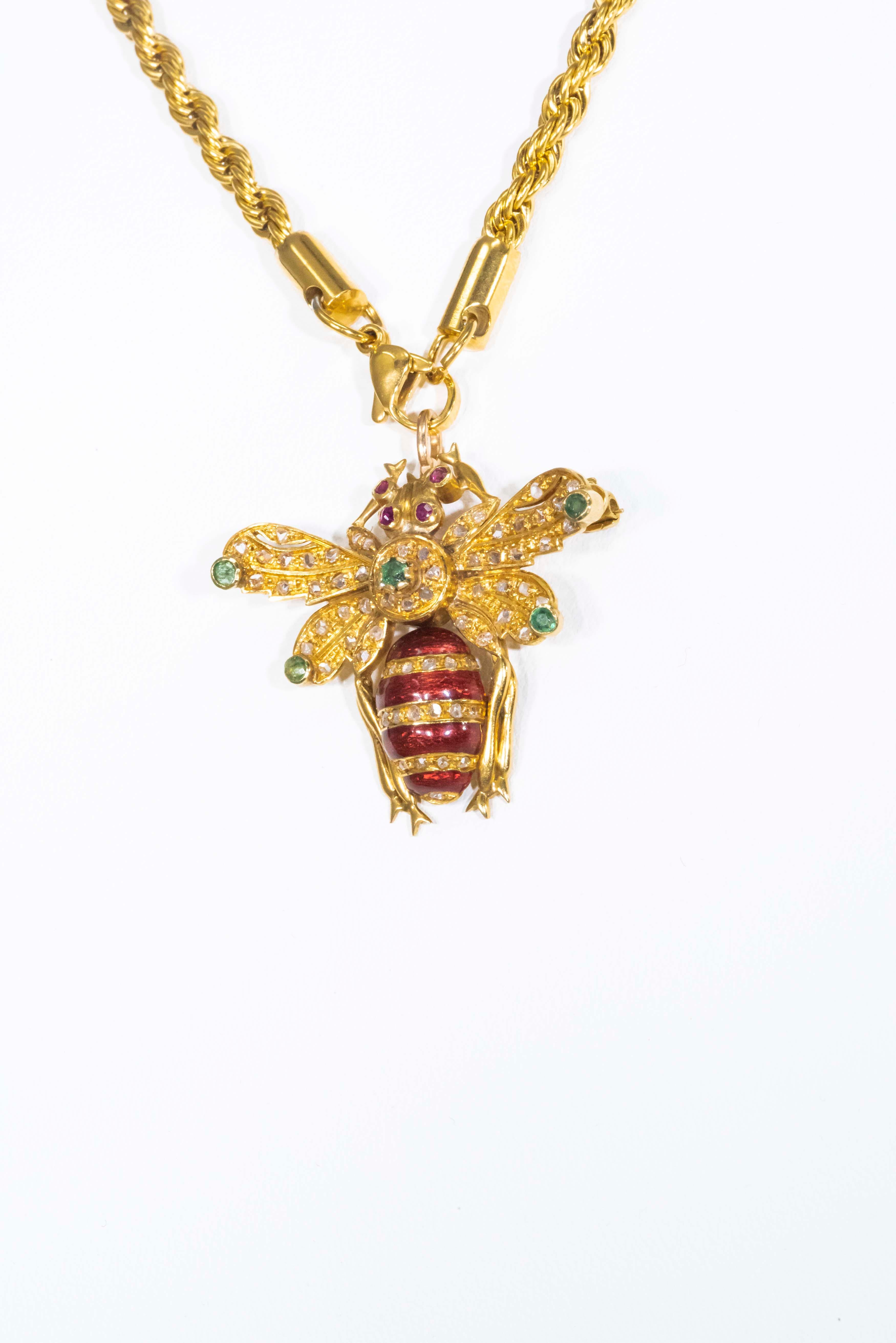1960s French 18 Kt Gold Emerald Ruby Diamond Enamel Honey Bee Pendant Pin Brooch 8