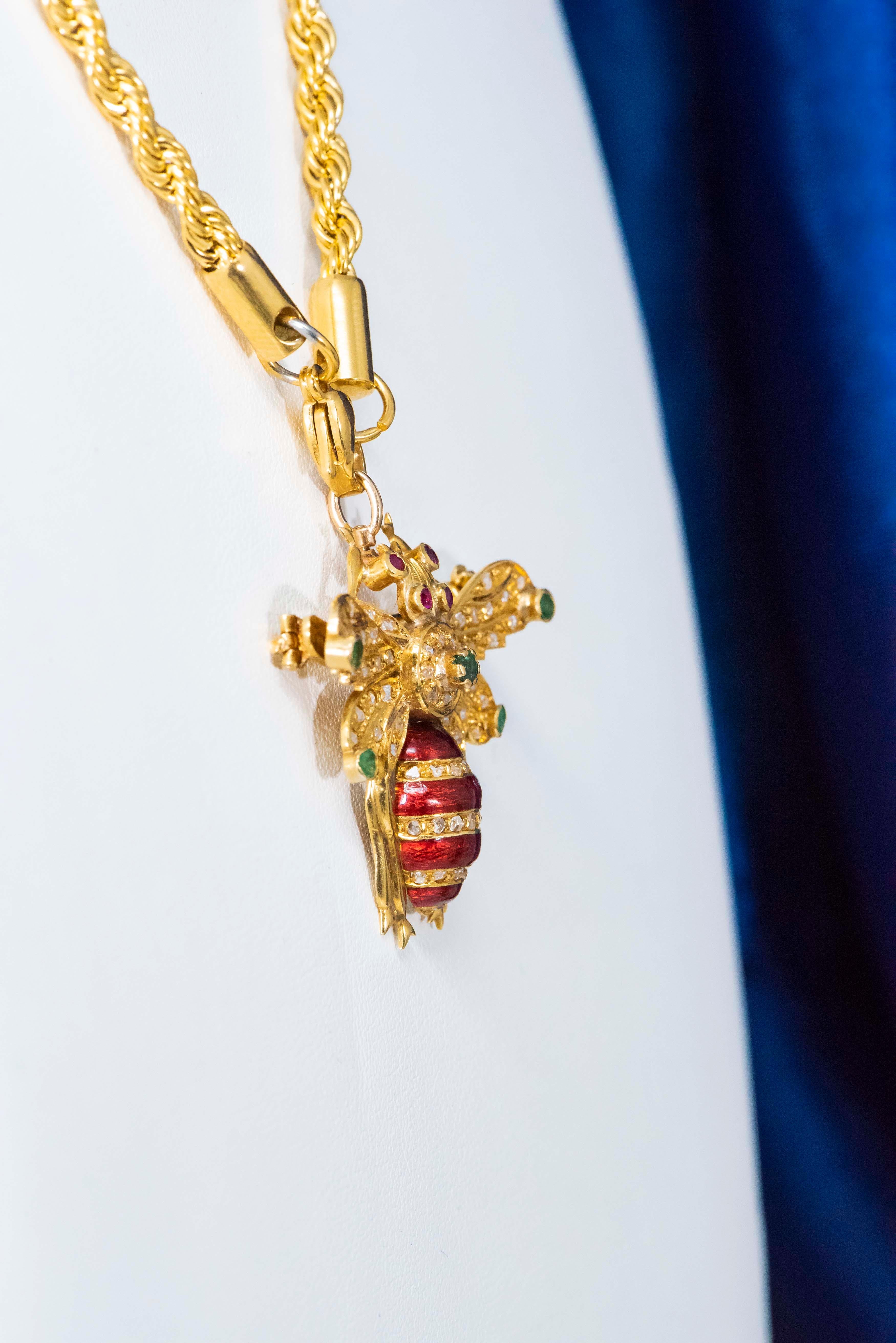1960s French 18 Kt Gold Emerald Ruby Diamond Enamel Honey Bee Pendant Pin Brooch 1