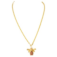 Vintage 1960s French 18 Kt Gold Emerald Ruby Diamond Enamel Honey Bee Pendant Pin Brooch