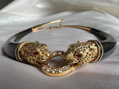 1960's French 18K Yellow Gold, Wood, Enamel, Ruby and Diamond Leopard Necklace