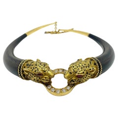 1960's French 18K Yellow Gold, Wood, Enamel, Ruby and Diamond Leopard Necklace