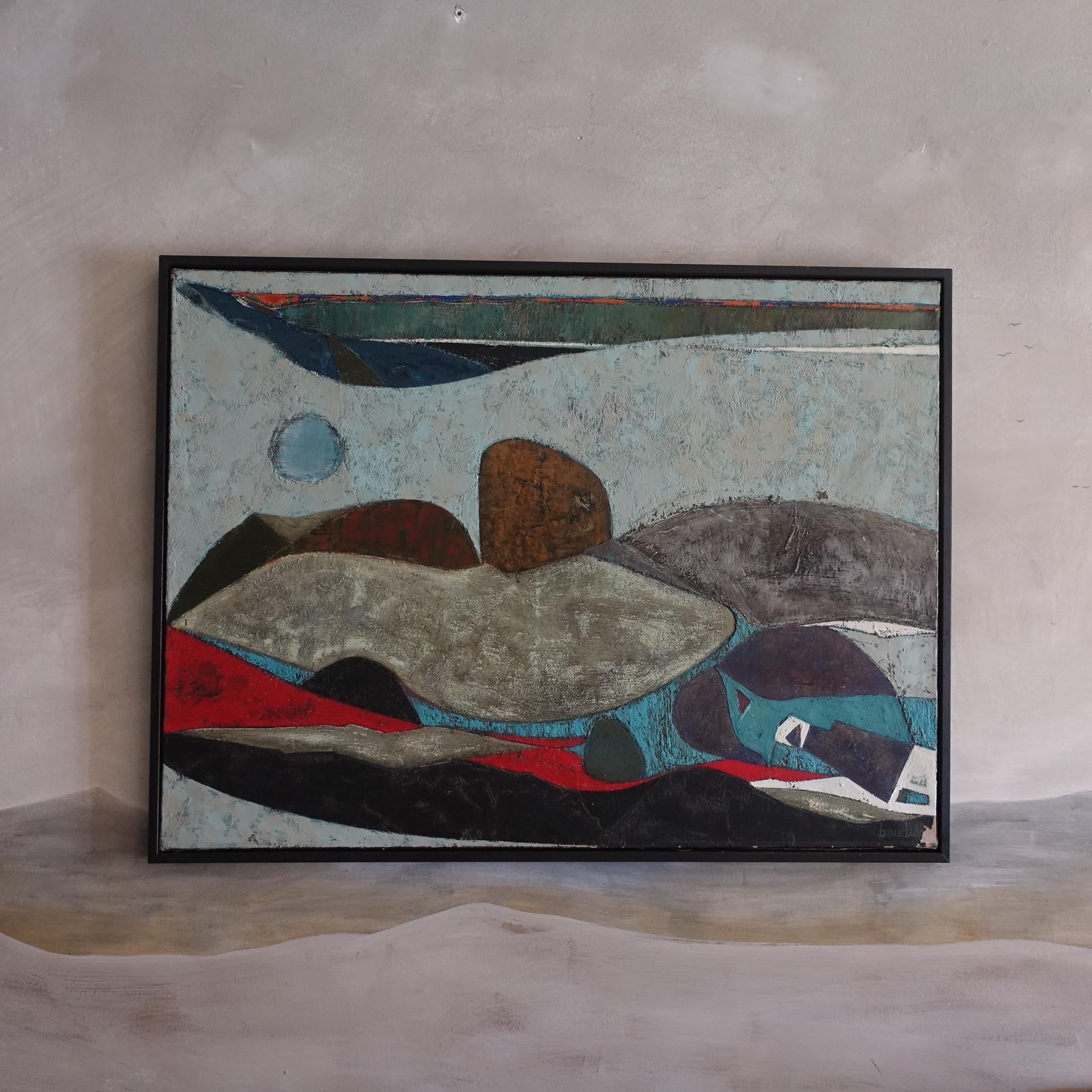 One of a kind abstract painting in cubist style, mixed media, wood frame, vintage patina, France 1960's circa.