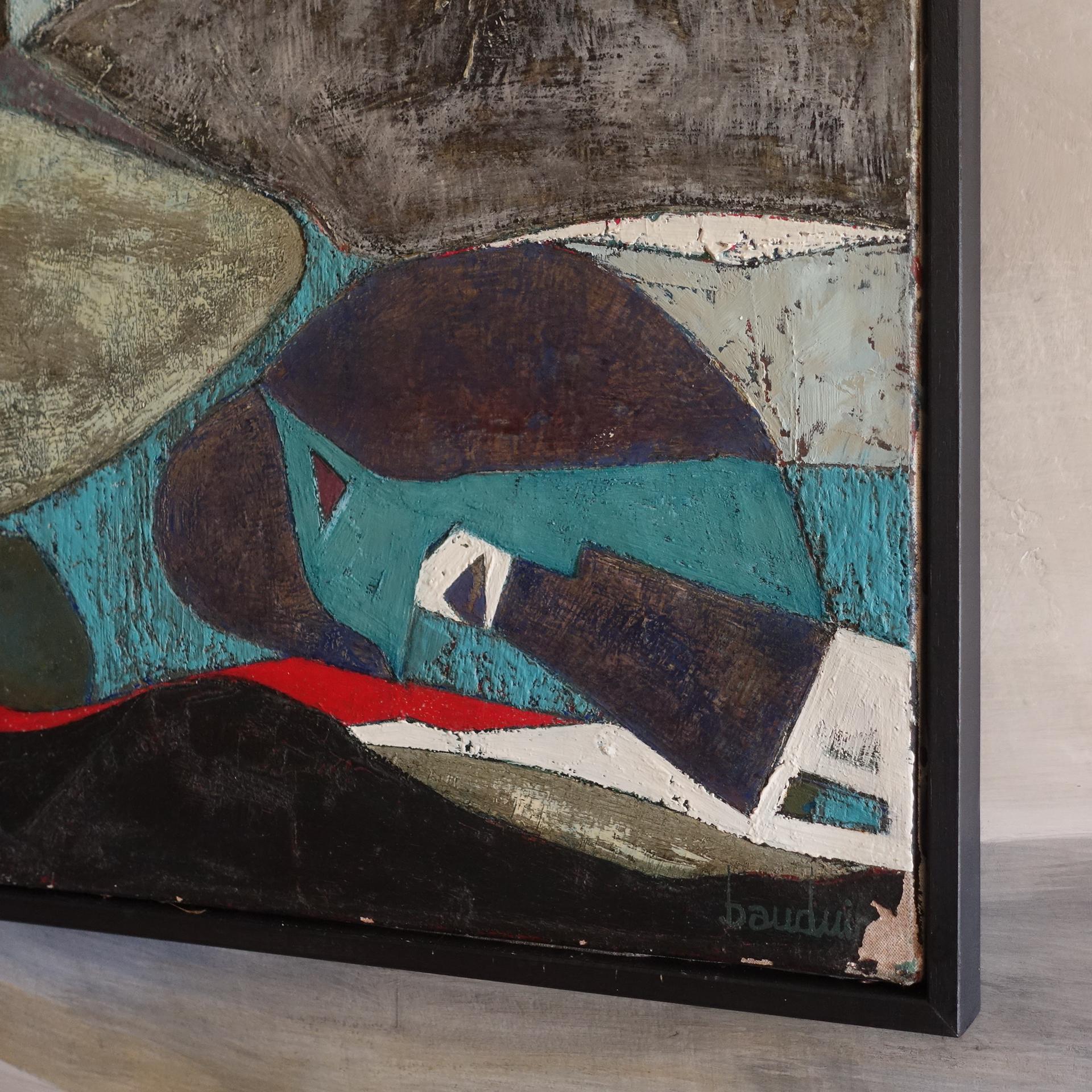 Mid-20th Century 1960's French Abstract Painting Cubist Style For Sale