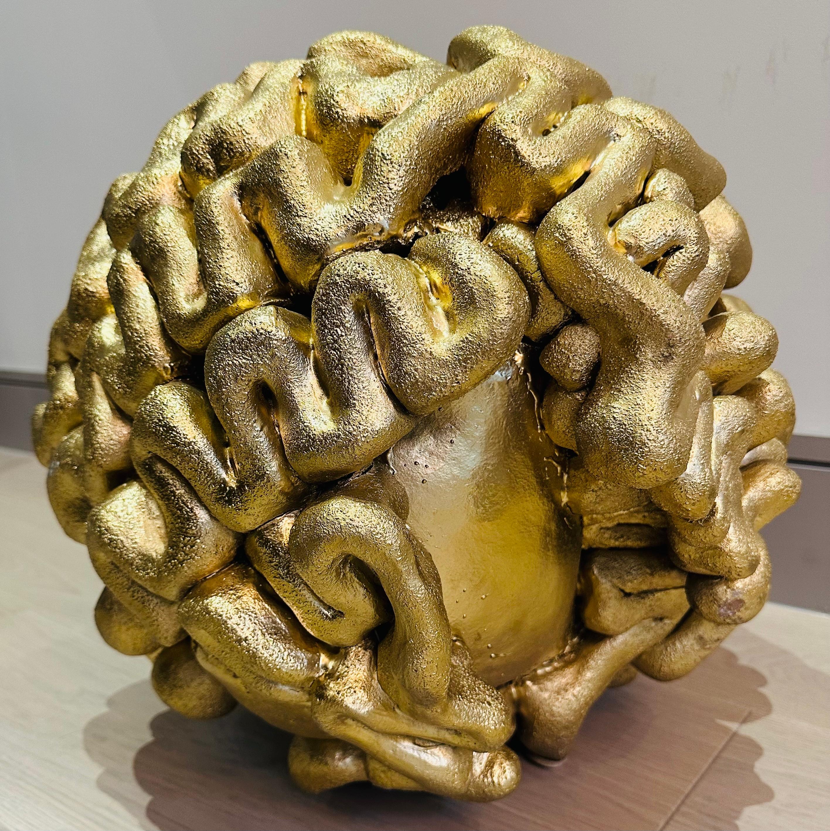 1960s French Abstract Terracotta Golden Circular 'Brain' Unusual Sculpture For Sale 4