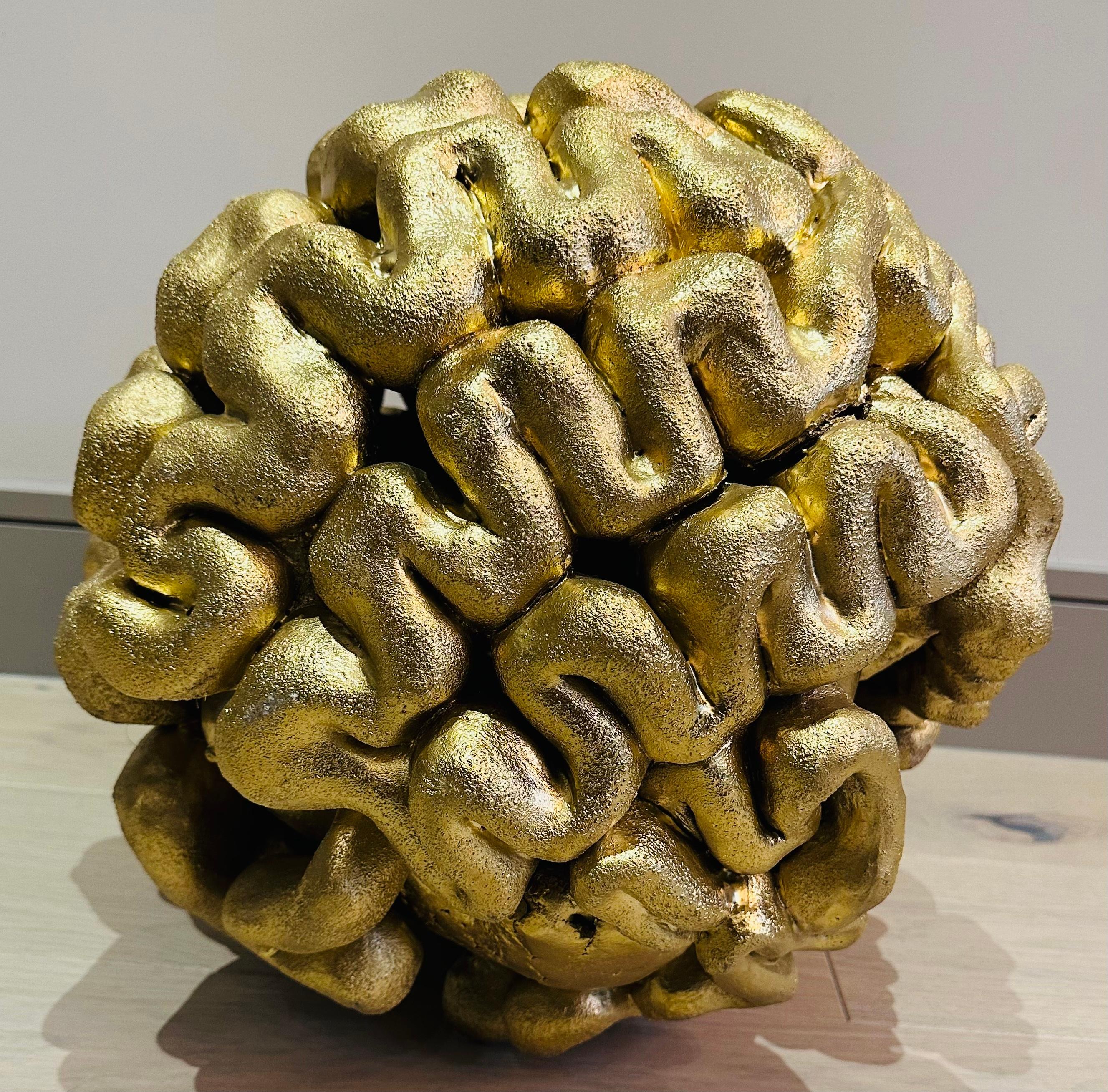 1960s French Abstract Terracotta Golden Circular 'Brain' Unusual Sculpture For Sale 5