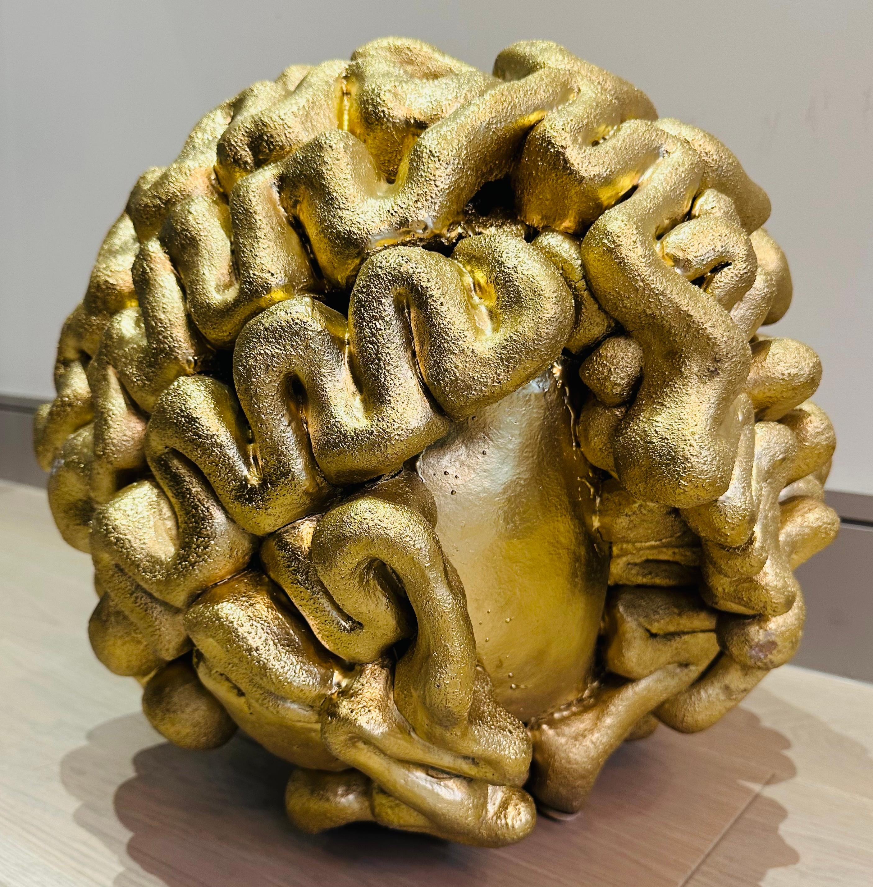 1960s French Abstract Terracotta Golden Circular 'Brain' Unusual Sculpture For Sale 6