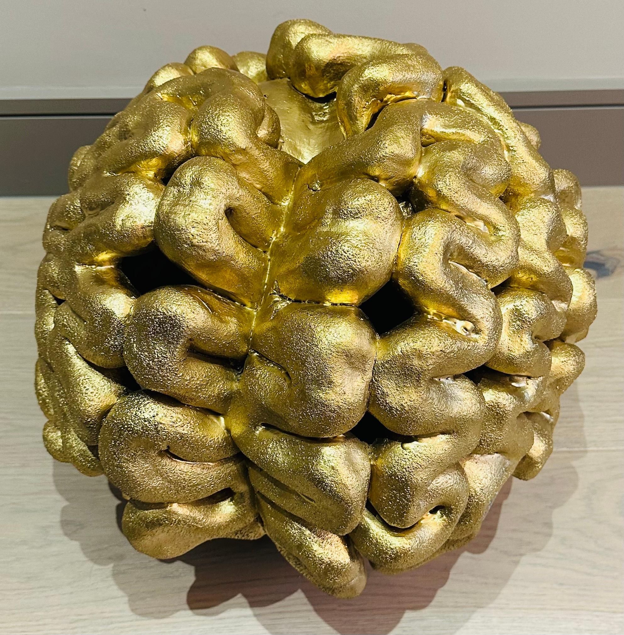 1960s French Abstract Terracotta Golden Circular 'Brain' Unusual Sculpture For Sale 8