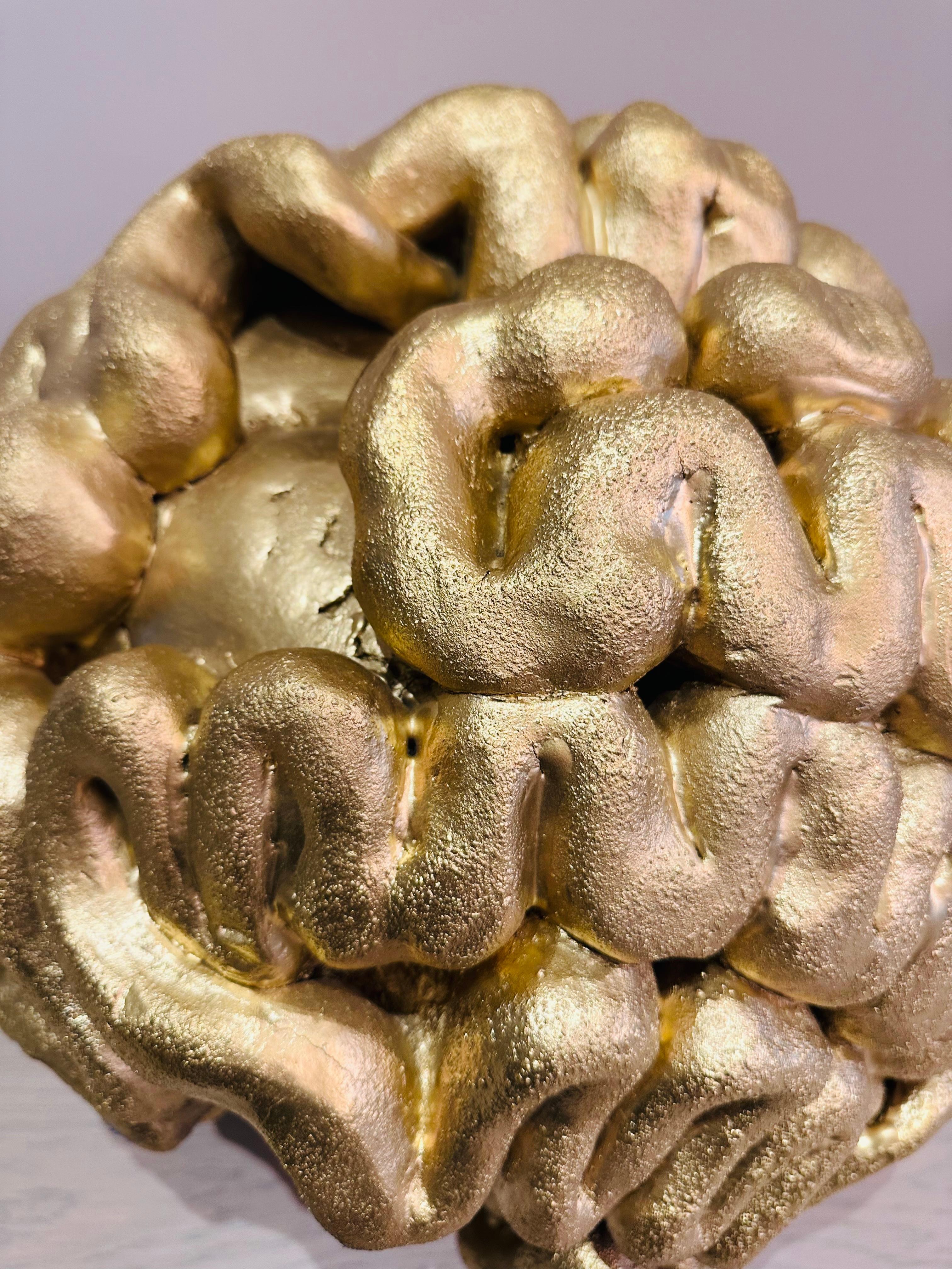 1960s French Abstract Terracotta Golden Circular 'Brain' Unusual Sculpture For Sale 9