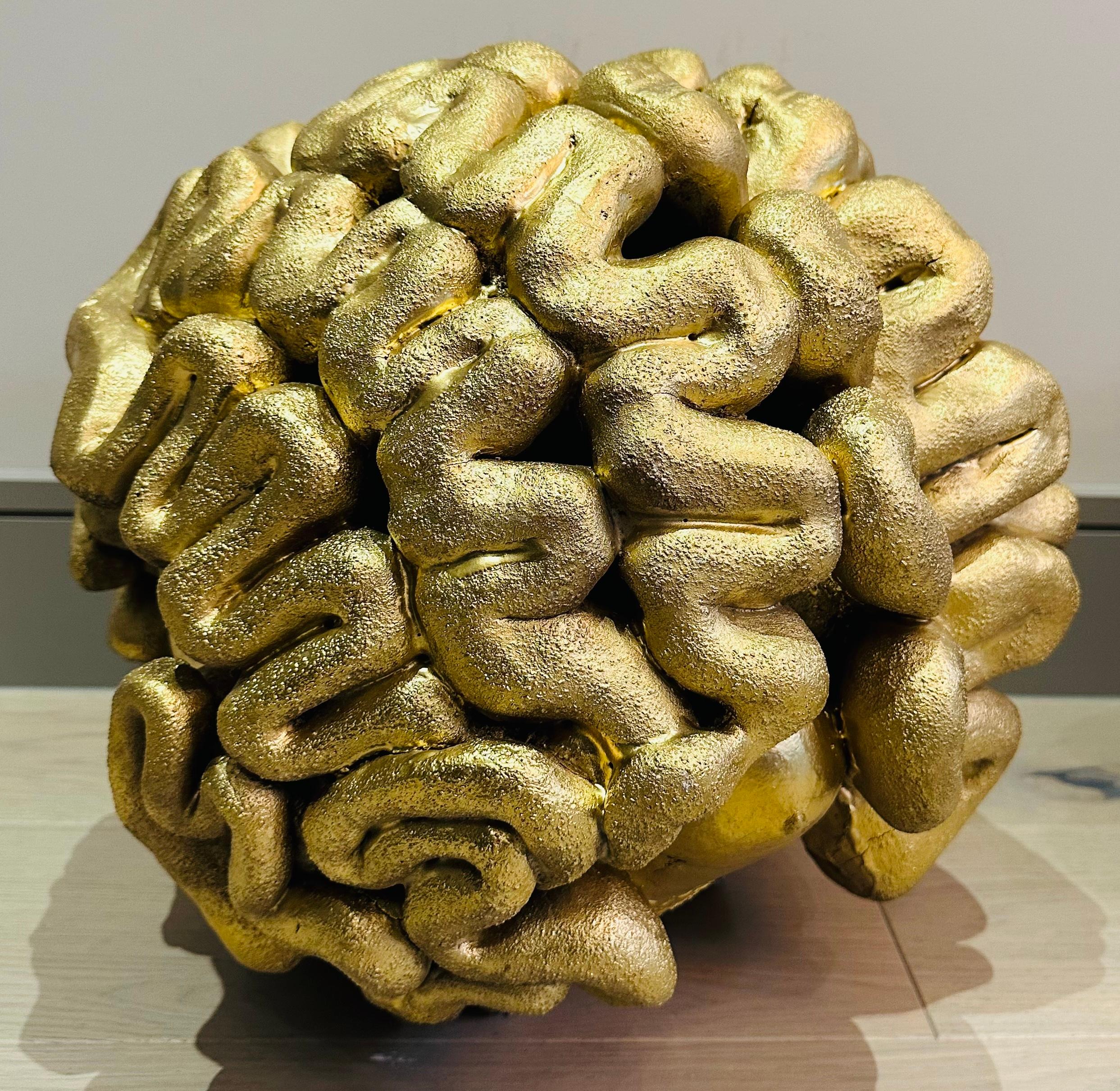 1960s French abstract terracotta space-age futuristic sculpture in the form of a brain.  The sculpture has been sprayed gold for added effect adding drama and interest. It is very heavy - the exterior is attached to a solid interior structure