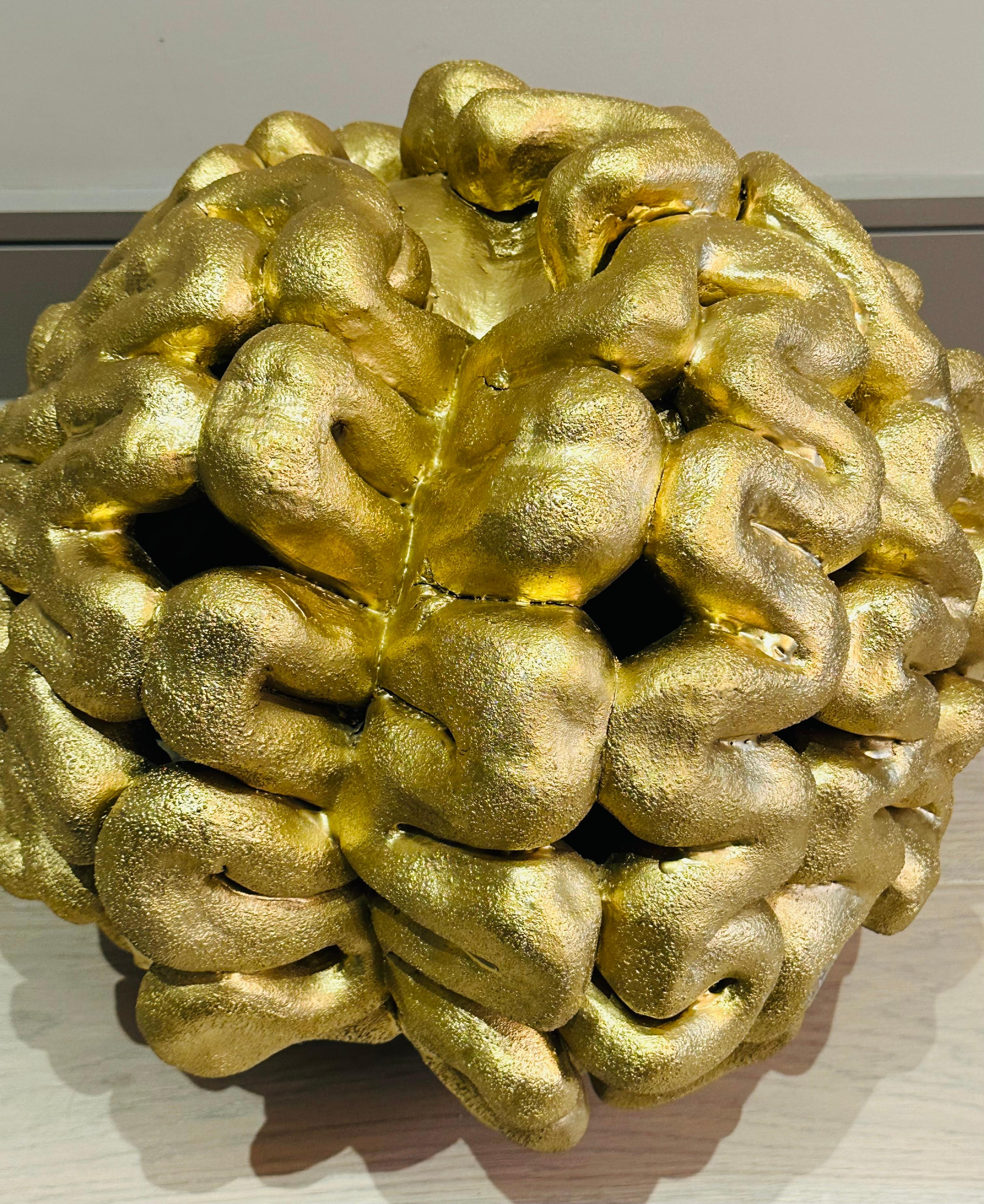 1960s French Abstract Terracotta Golden Circular 'Brain' Unusual Sculpture For Sale 14