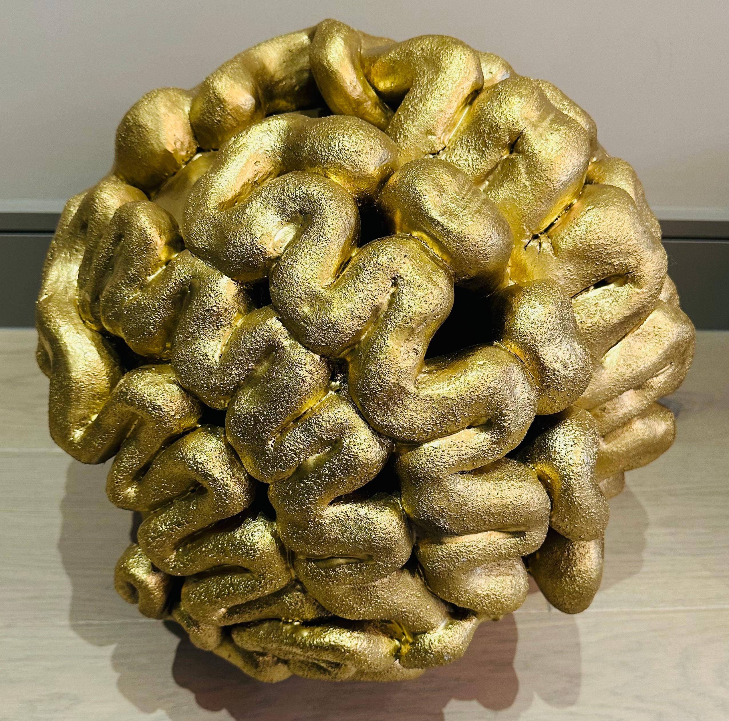 Space Age 1960s French Abstract Terracotta Golden Circular 'Brain' Unusual Sculpture For Sale