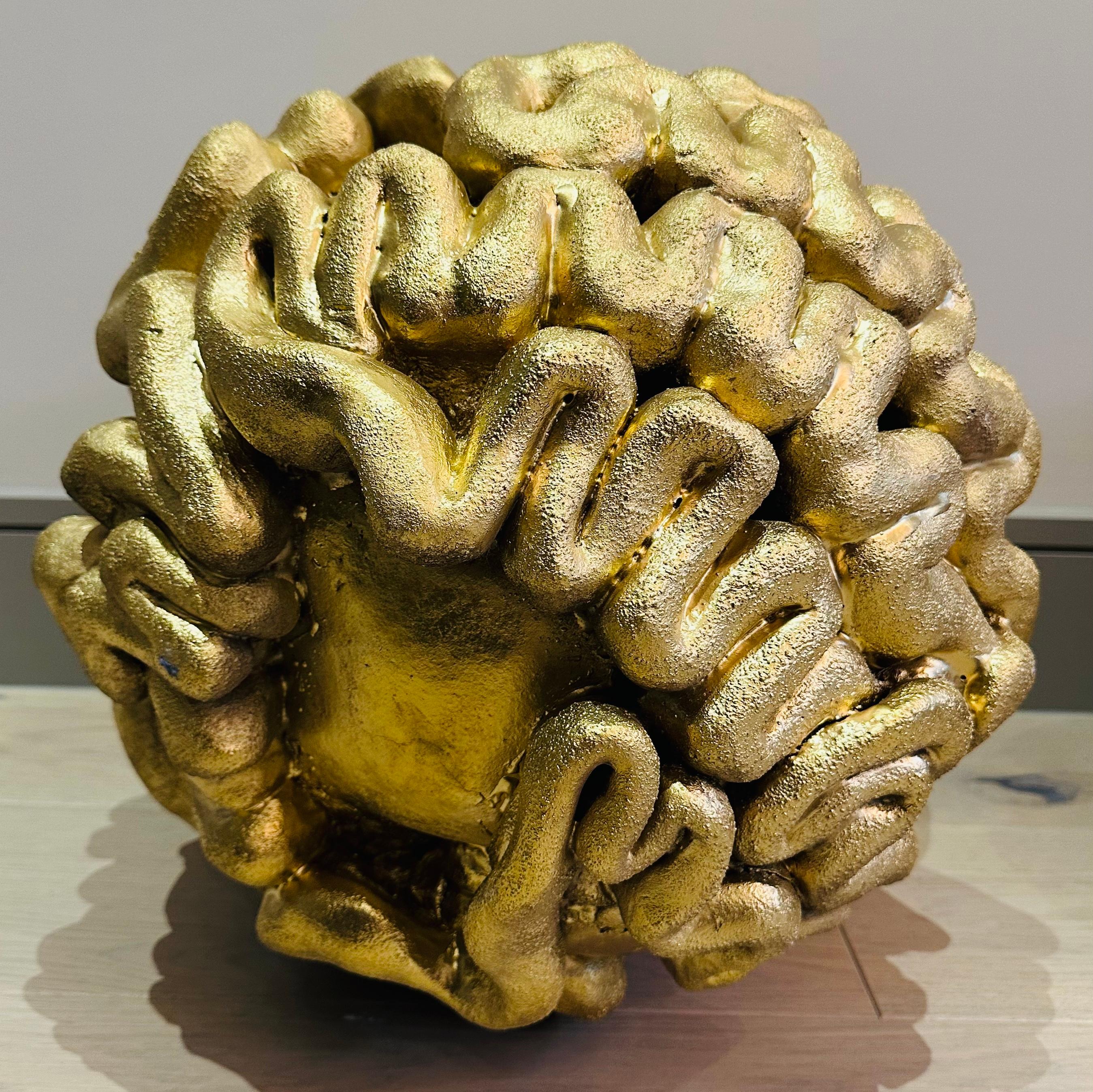 Painted 1960s French Abstract Terracotta Golden Circular 'Brain' Unusual Sculpture For Sale
