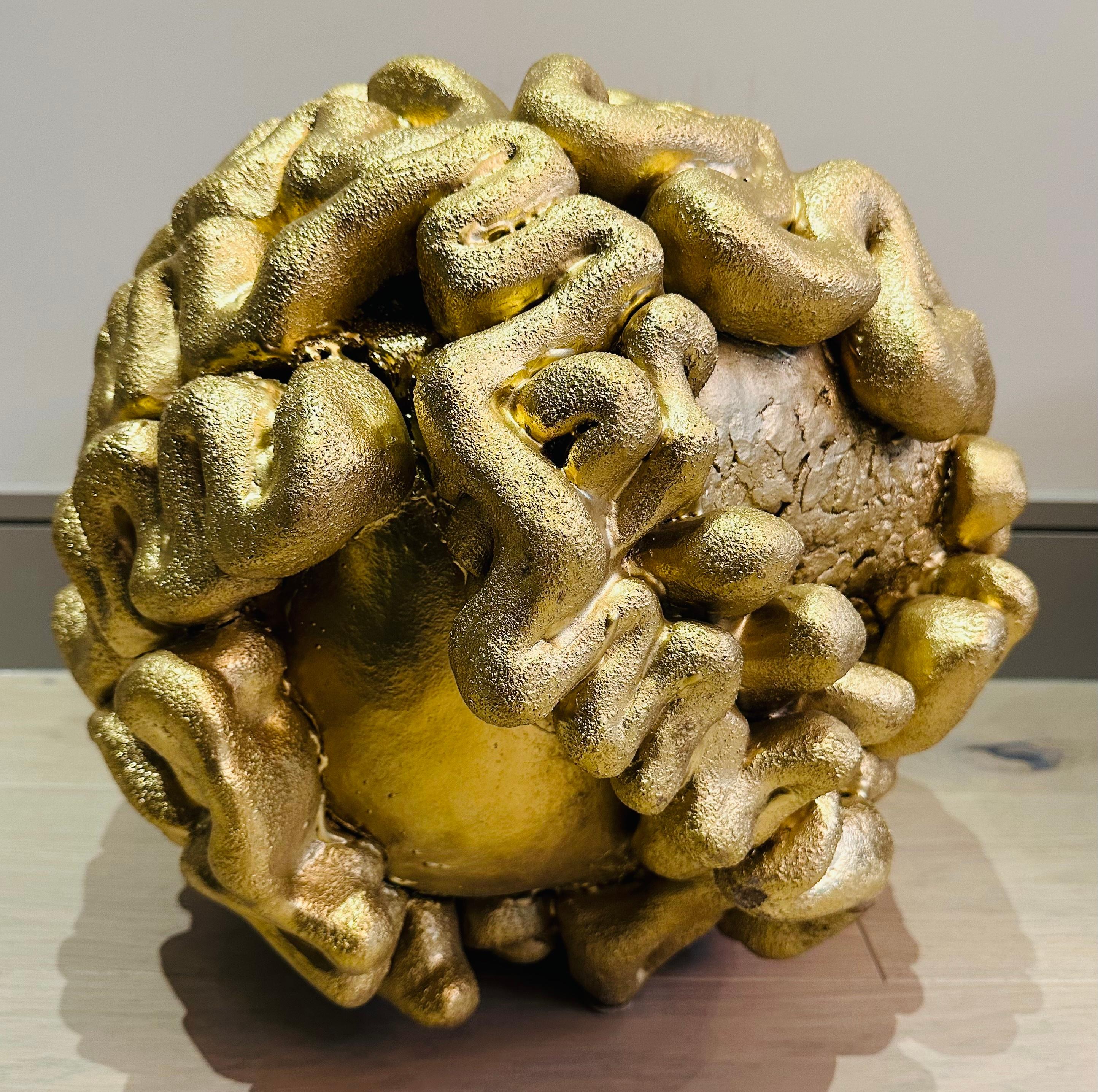 20th Century 1960s French Abstract Terracotta Golden Circular 'Brain' Unusual Sculpture For Sale