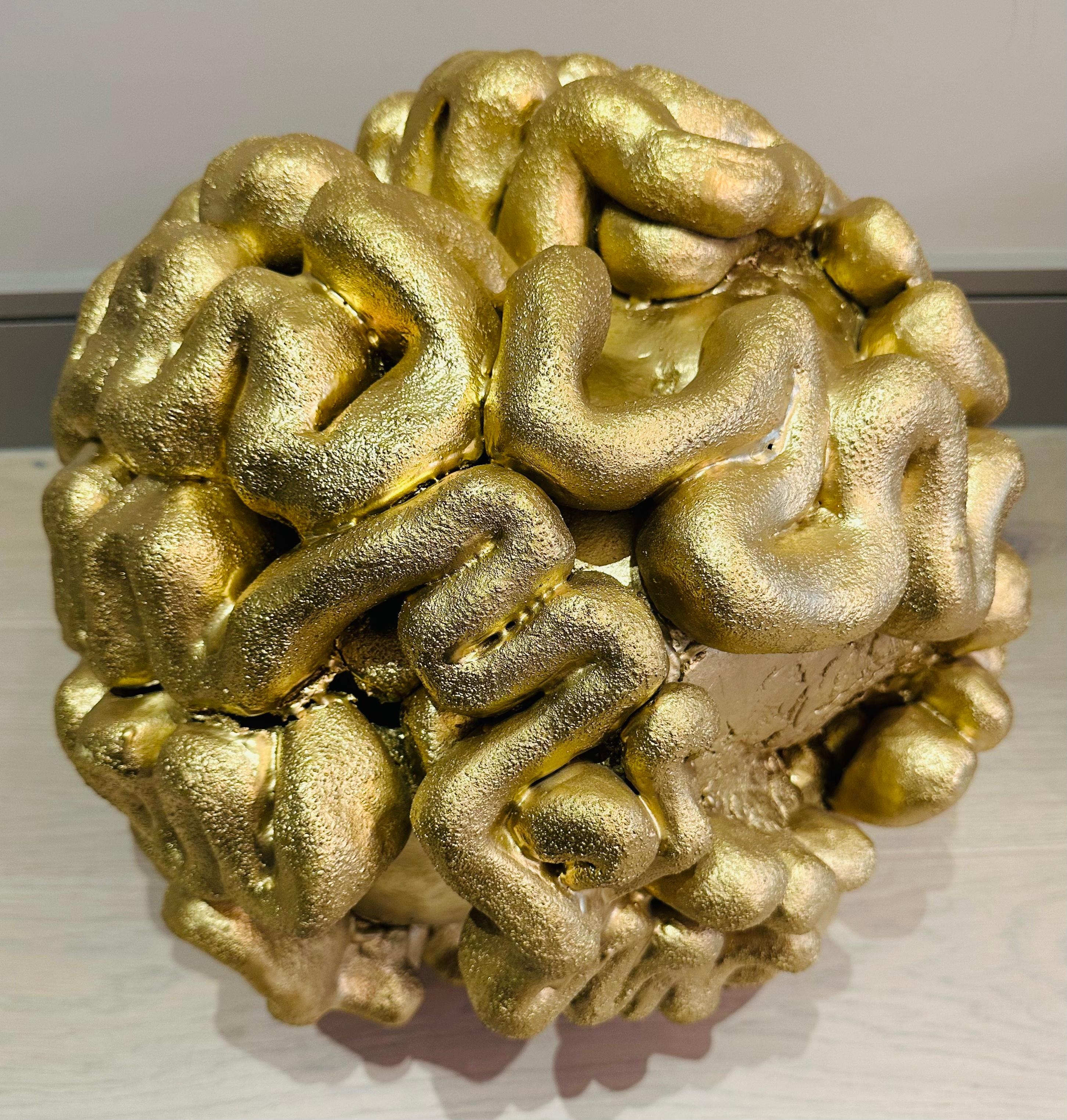 1960s French Abstract Terracotta Golden Circular 'Brain' Unusual Sculpture For Sale 2