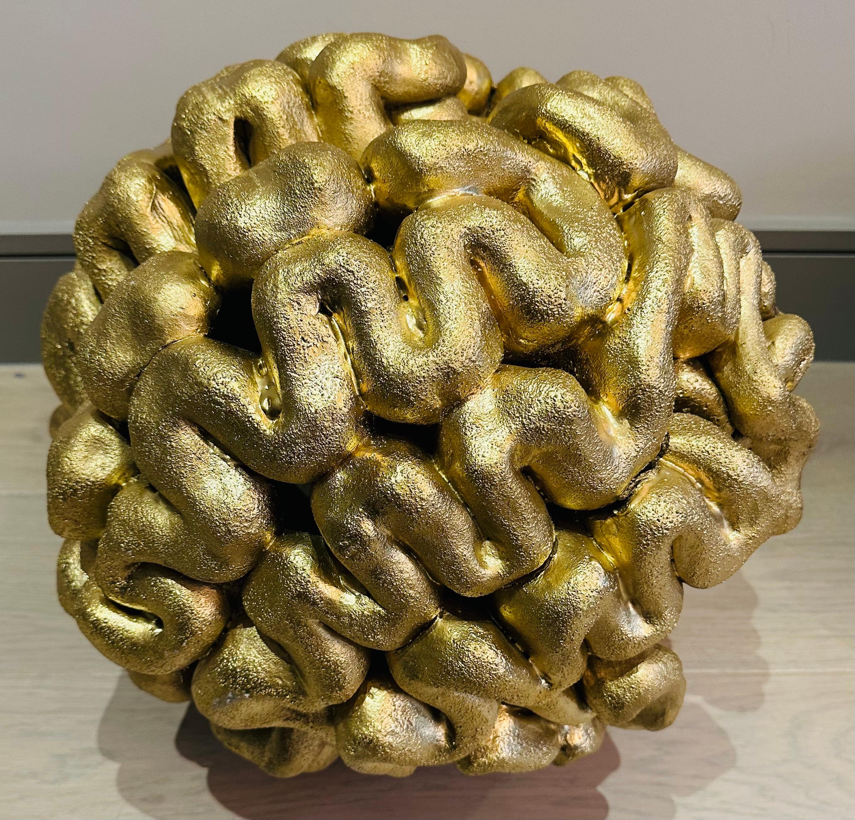 1960s French Abstract Terracotta Golden Circular 'Brain' Unusual Sculpture For Sale 3