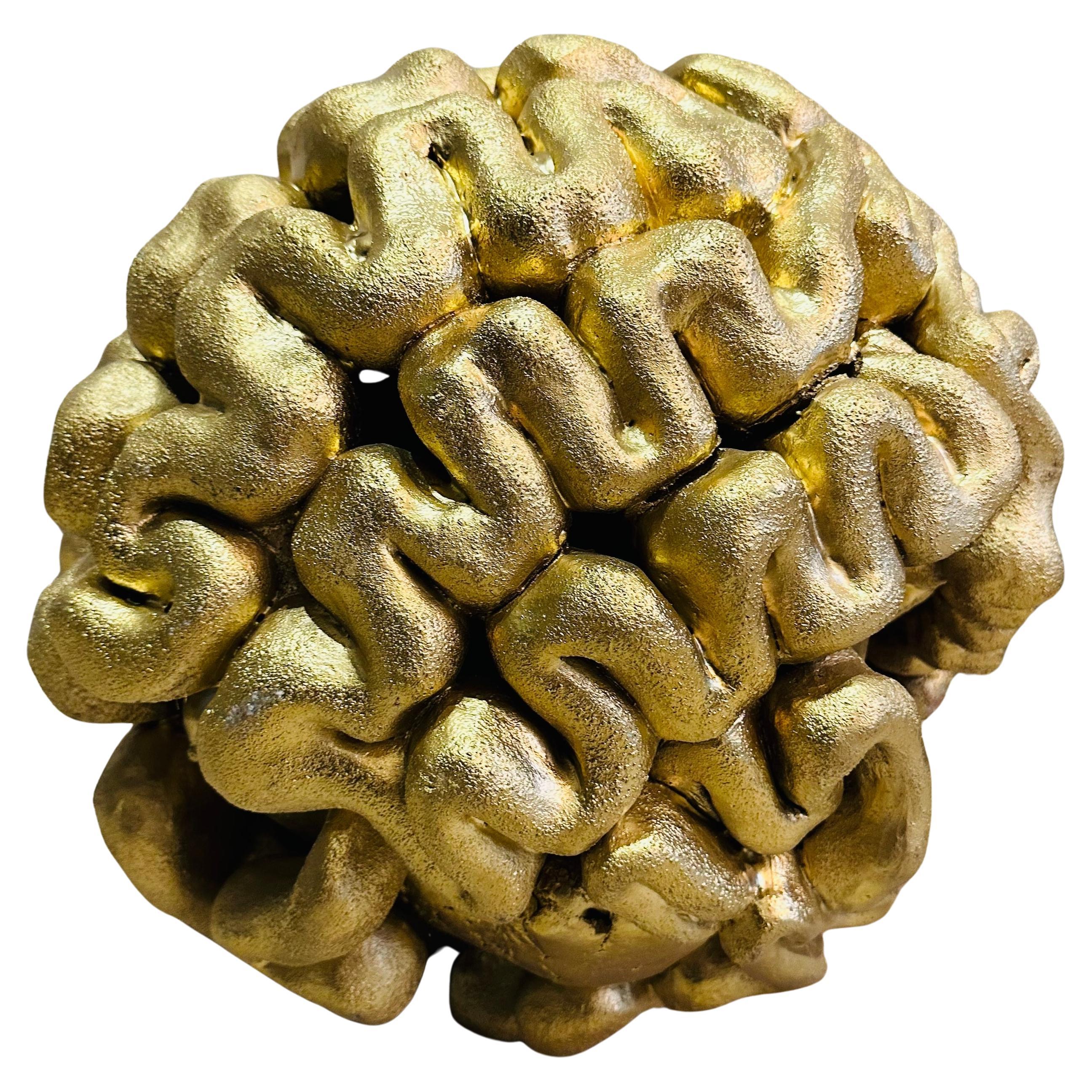 1960s French Abstract Terracotta Golden Circular 'Brain' Unusual Sculpture For Sale