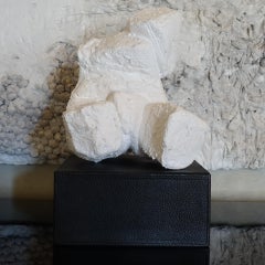 1960's French Abstract White Gypsum Sculpture, Black Leather Base