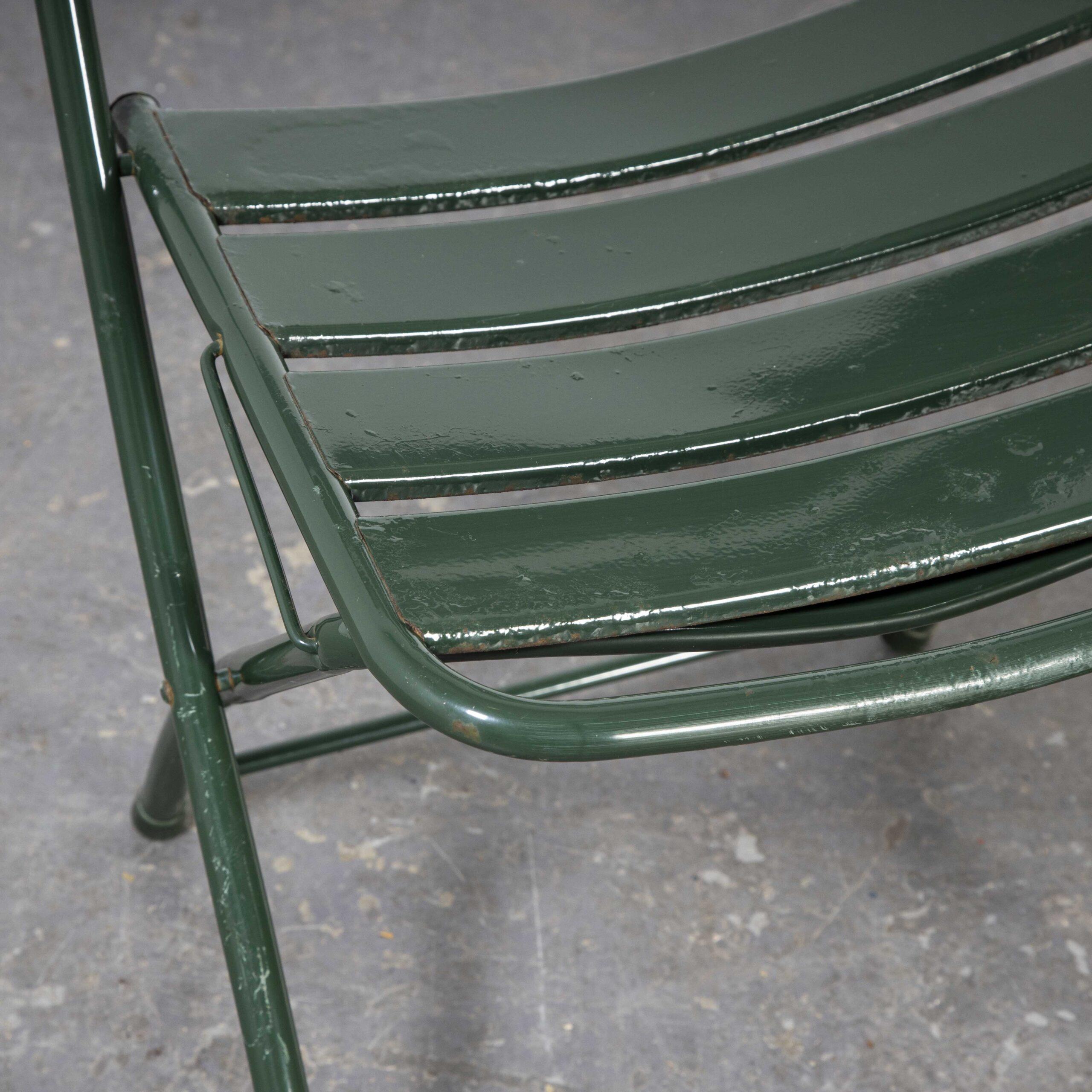 1960’s French army green metal folding chairs – Pair
1960’s French army green metal folding chairs – Pair. Very good quality French folding chairs from the 1960’s, we don’t know the history or the maker but they are heavy and solid with great seat