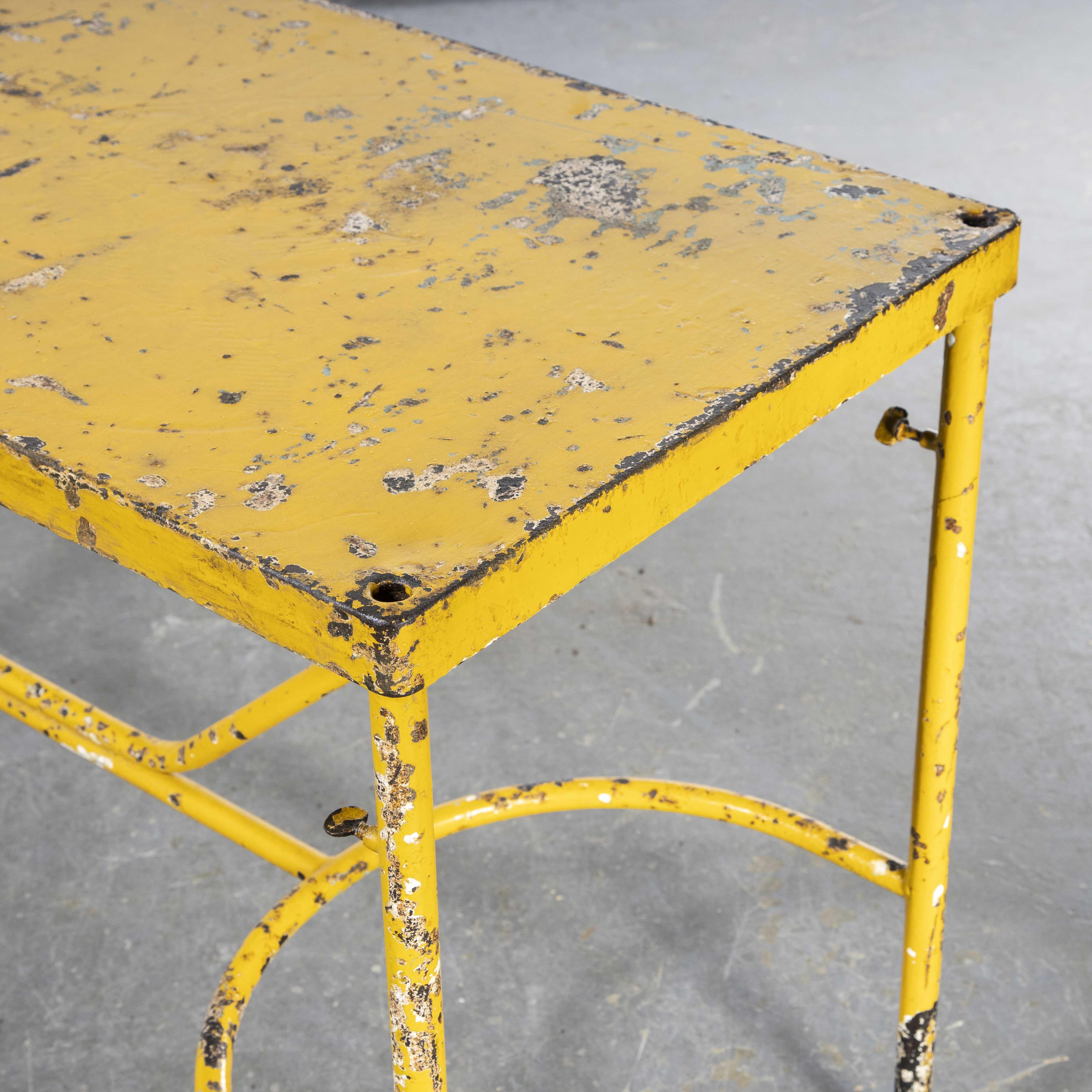 1960’s French Army Industrial field table – Yellow
1960’s French Army Industrial field table. Heavy weight Industrial table originally used as a field table in field hospitals. The main table is 139 in length, 190 total including the headrest