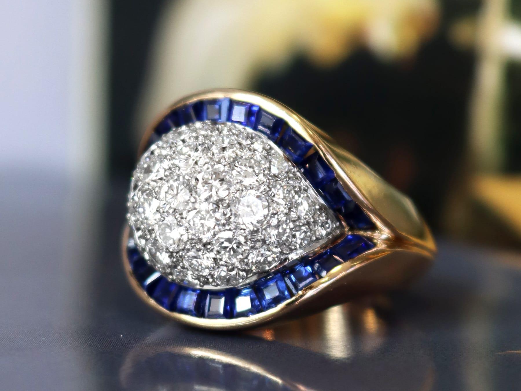 A stunning, fine and impressive 0.80 carat sapphire, 1.72 carat diamond and 18 karat yellow gold Art Deco cocktail ring; part of our diverse gemstone jewelry collections.

This stunning and unusual sapphire and diamond cocktail ring has been crafted